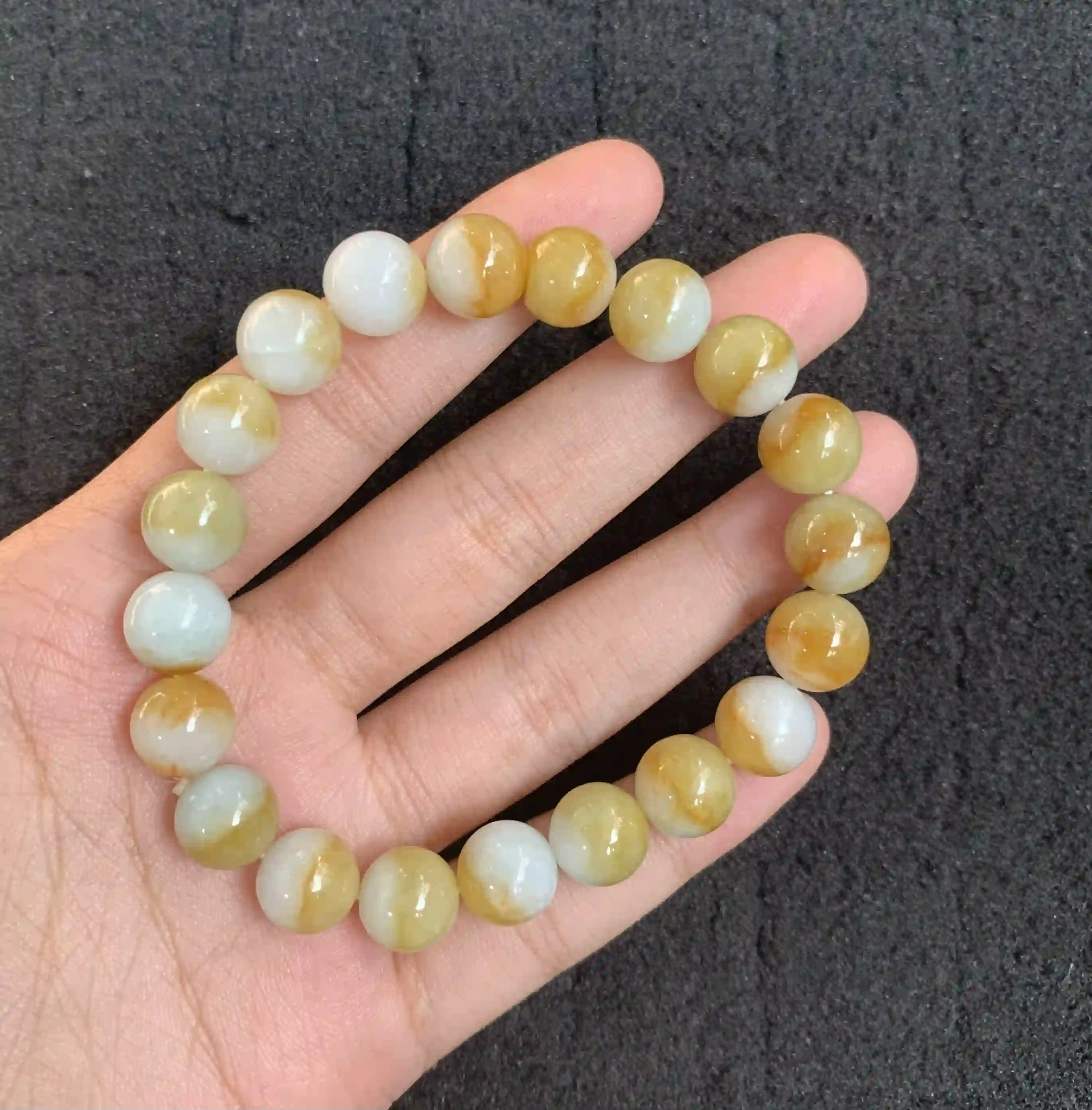 Yellow and White Jadeite Beaded Bracelet, view 2 | Myanmar Jadeite reference #900004