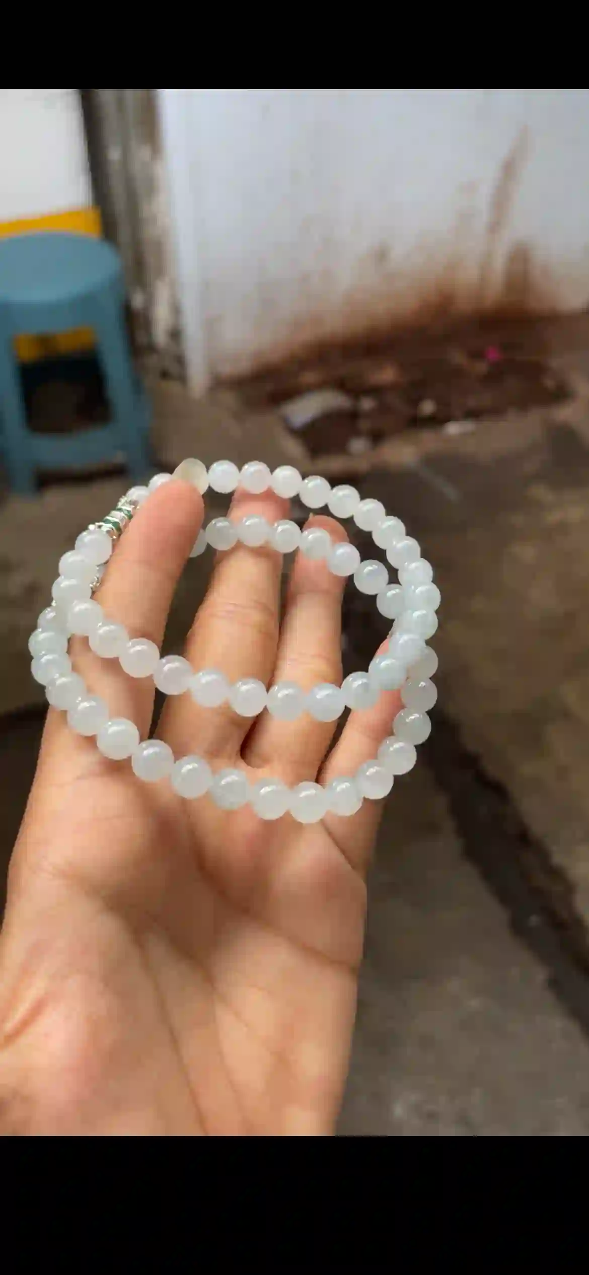 Pristine Pale Icy White Jade Bead Bracelet with Silver‑Tone Accent, view 2 | Myanmar Jadeite reference #26010001