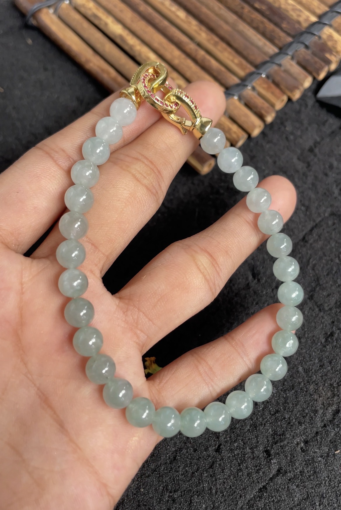  Natural Icy Green Jadeite Beaded Bracelet with Gold Clasp - Burmese Jadeite from Myanmar