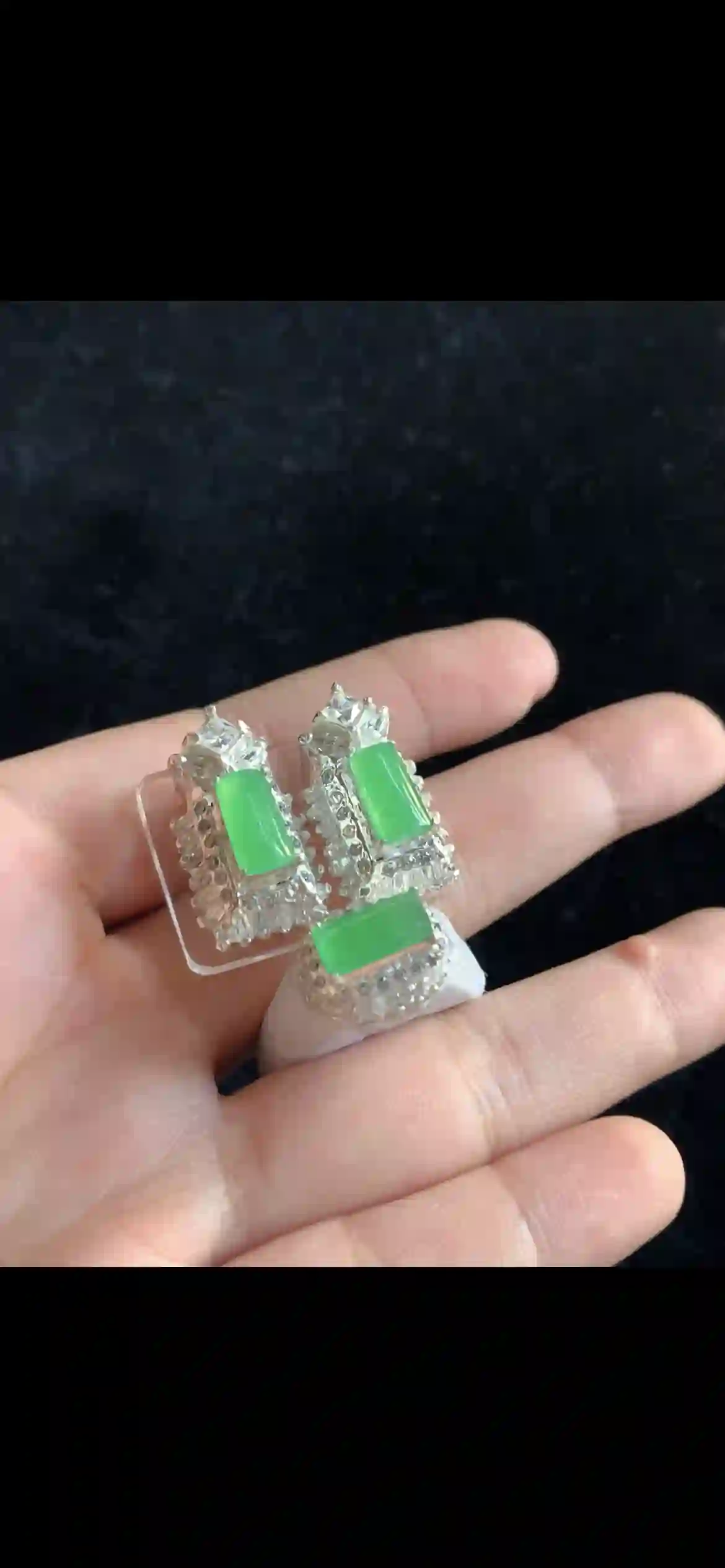 Vivid Green Jade Jewelry Set — Earrings & Ring with Diamond Halos | Myanmar Jadeite reference #36990001