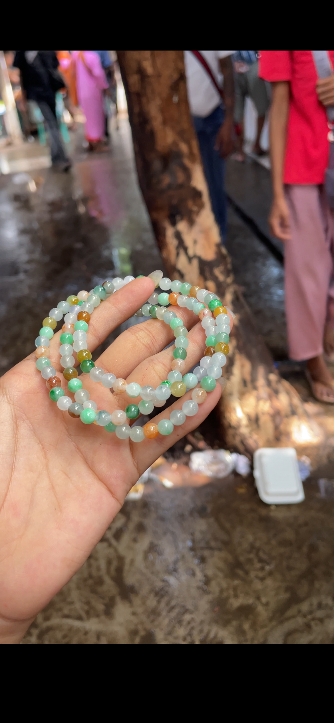 Multicolor Rainbow Jade Bead Bracelet — Three Strands