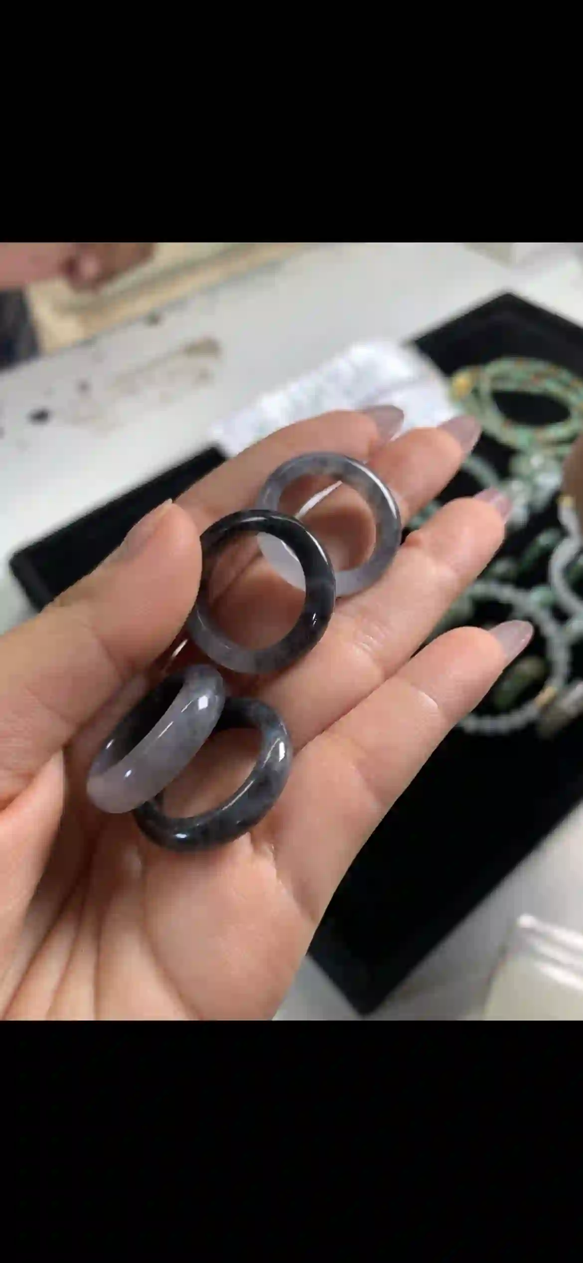 Black‑Water Ink‑Painting Jadeite Band Ring Set | Myanmar Jadeite reference #11460001