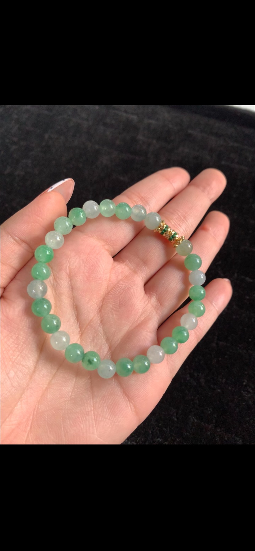 Natural Ice Variety Light Apple Green & Translucent White Jadeite Small Bead Bracelet with Gold & Green Gemstone Accent | Myanmar Jadeite reference #38820001