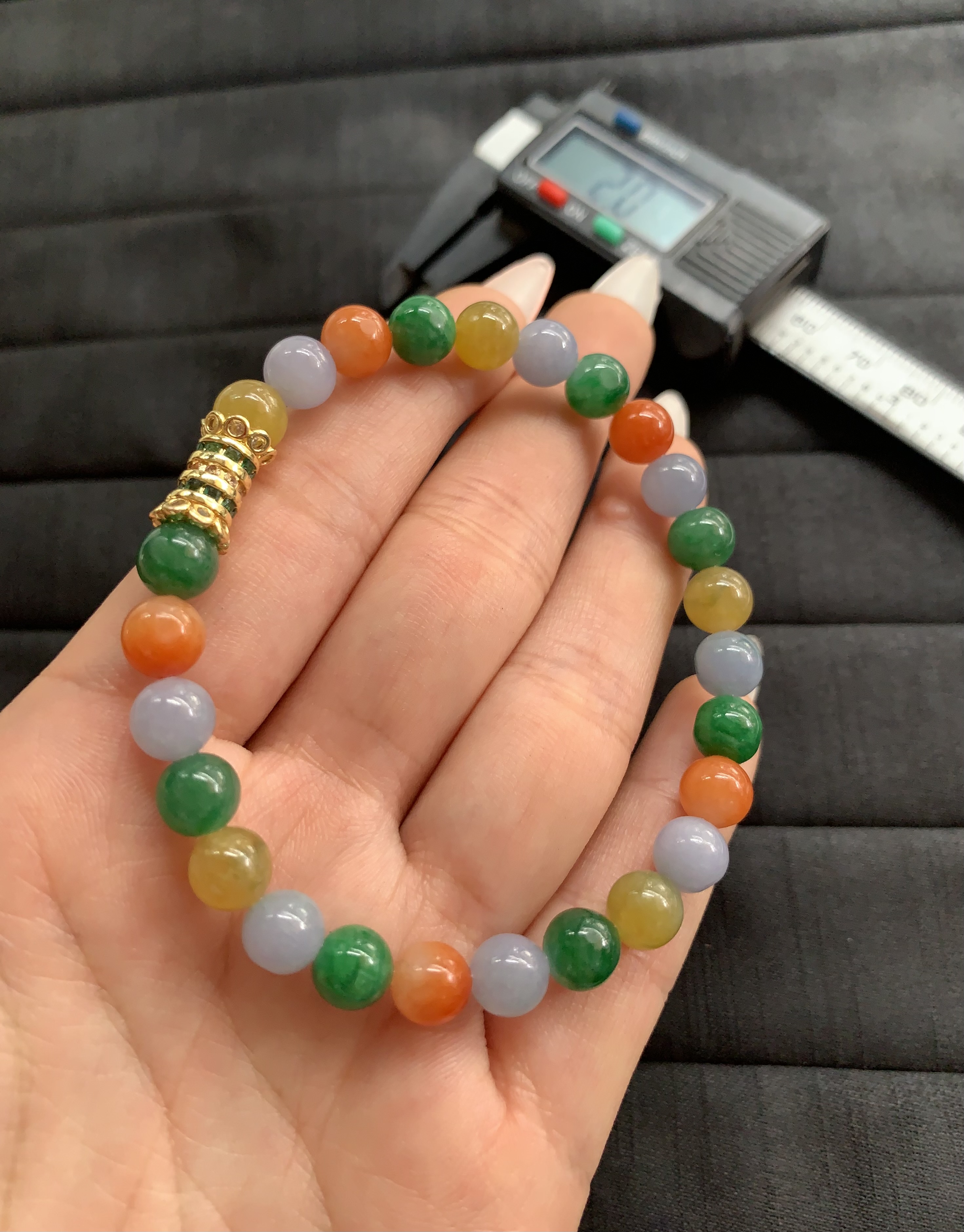 Colorful Multi-Hue Jade Beaded Bracelet with Gold Accent - Burmese Jadeite from Myanmar