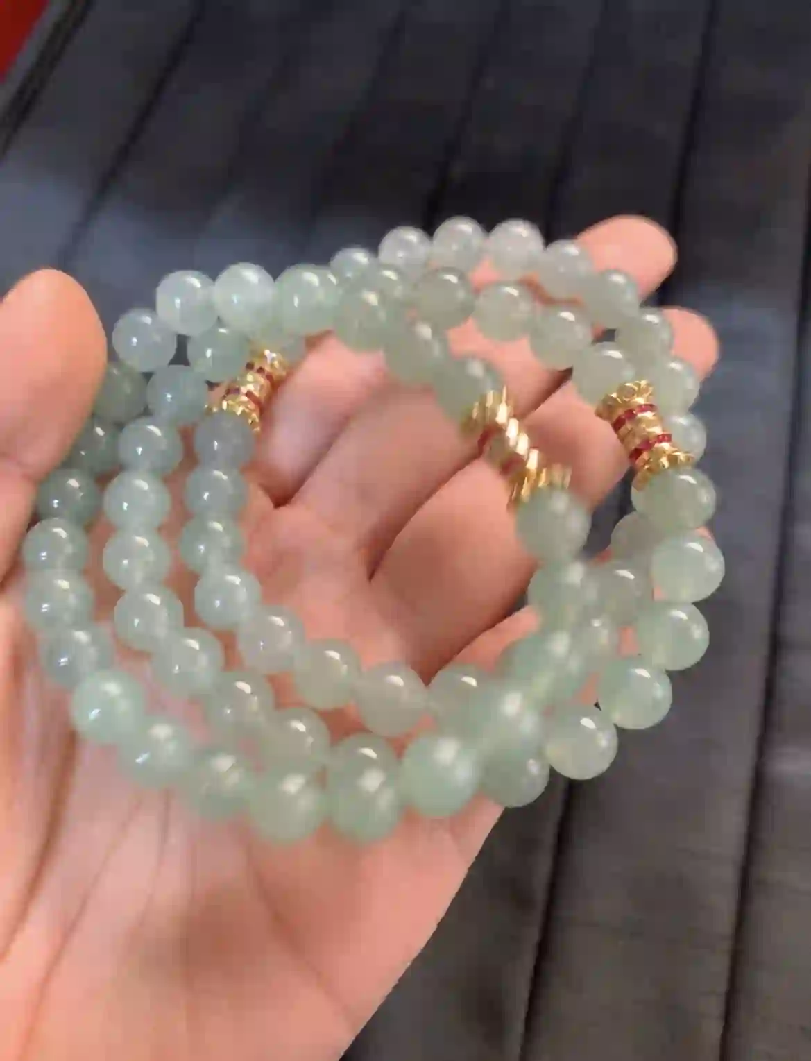 Elegant Green Jade Bead Necklace with Gold Accents | Myanmar Jadeite reference #2640001