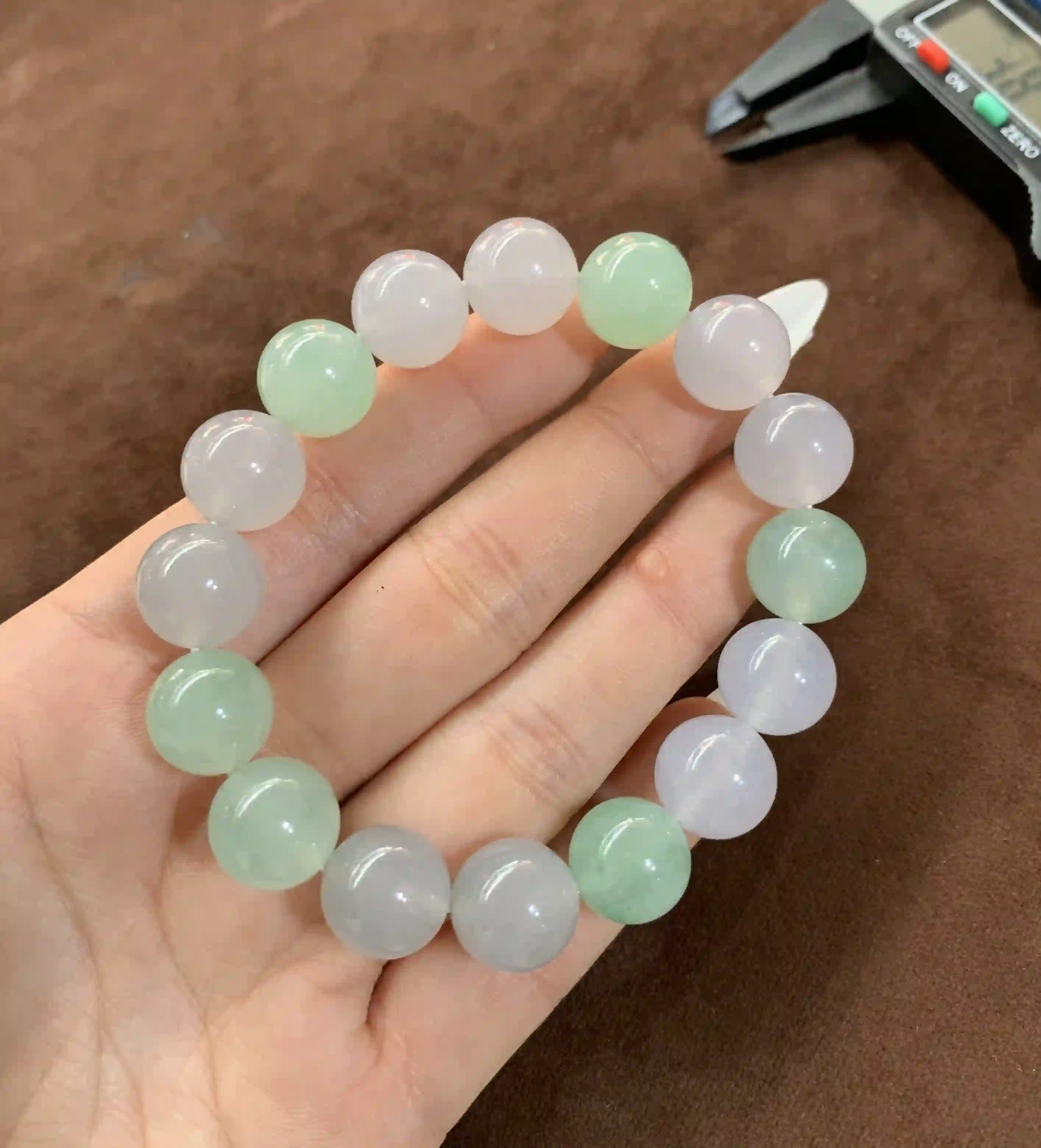 Pastel Green & Lavender Jadeite Beaded Stretch Bracelet, view 2 | Myanmar Jadeite reference #1020003