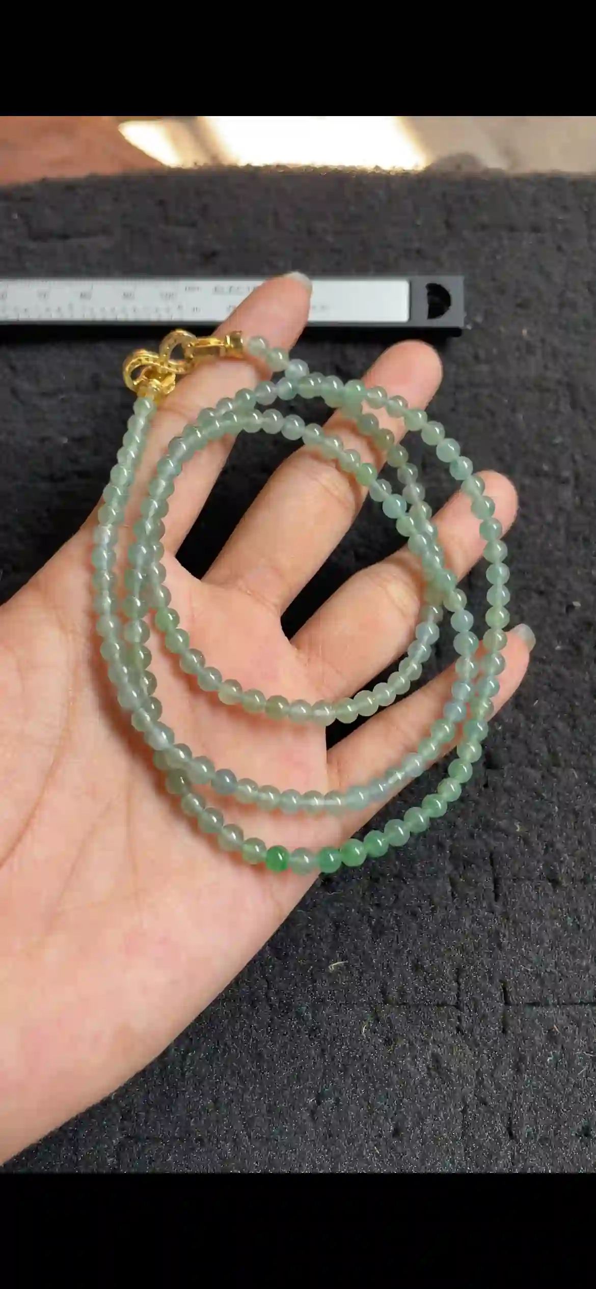 Icy Translucent Green Jade Bead Necklace, Dainty Round Beaded Chain with Gold Clasp | Myanmar Jadeite reference #4710001