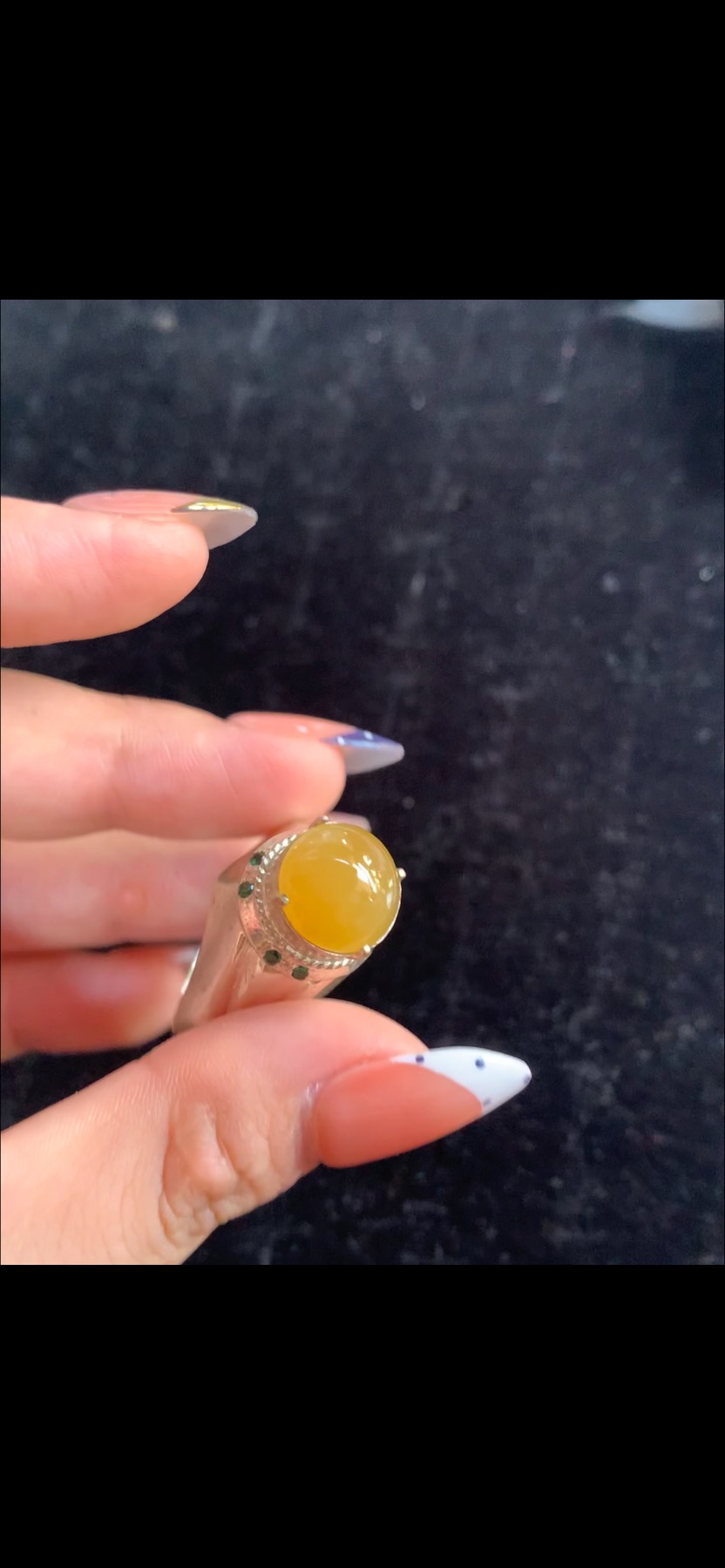 Natural High-Dome Honey Yellow Jadeite Cabochon Statement Ring with Green Gemstone Accents | Myanmar Jadeite reference #38070001