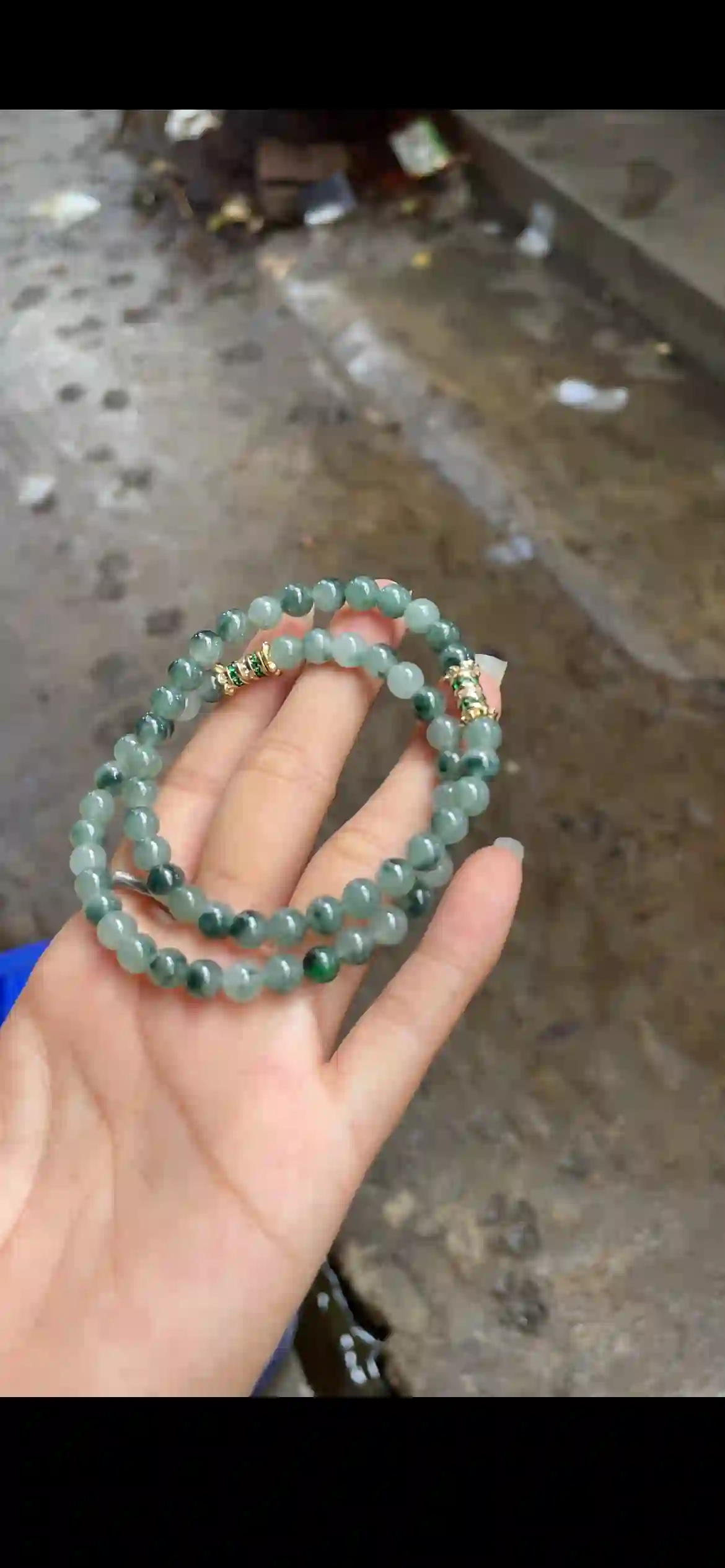 Gradient Light to Deep Green Jadeite Bead Double-Strand Bracelet with Gold & Green Crystal Accents, view 2 | Myanmar Jadeite reference #20520001