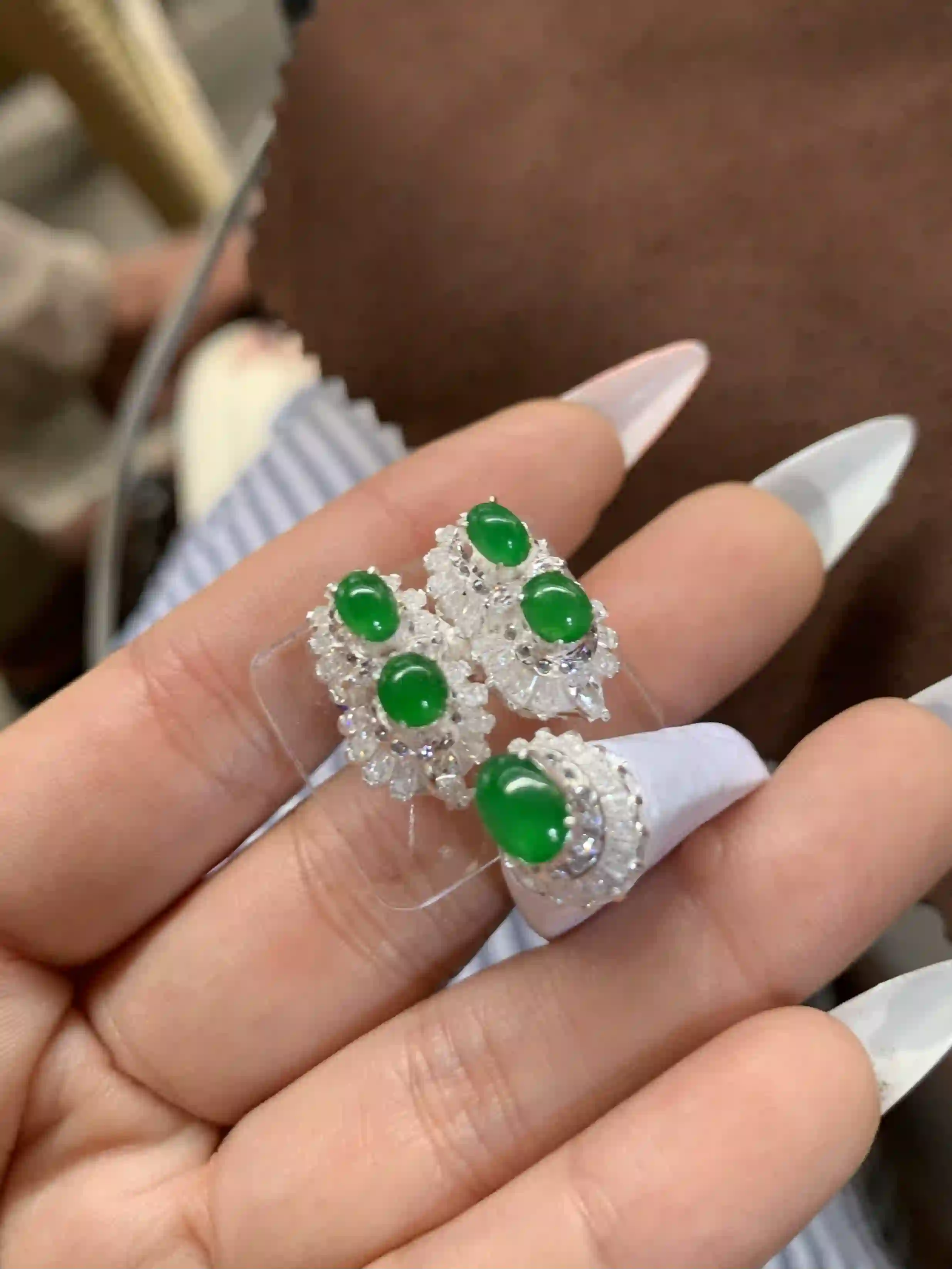 Vivid Green Gemstone Jewelry Set with Sparkling Clear Stones, view 2 | Myanmar Jadeite reference #750001