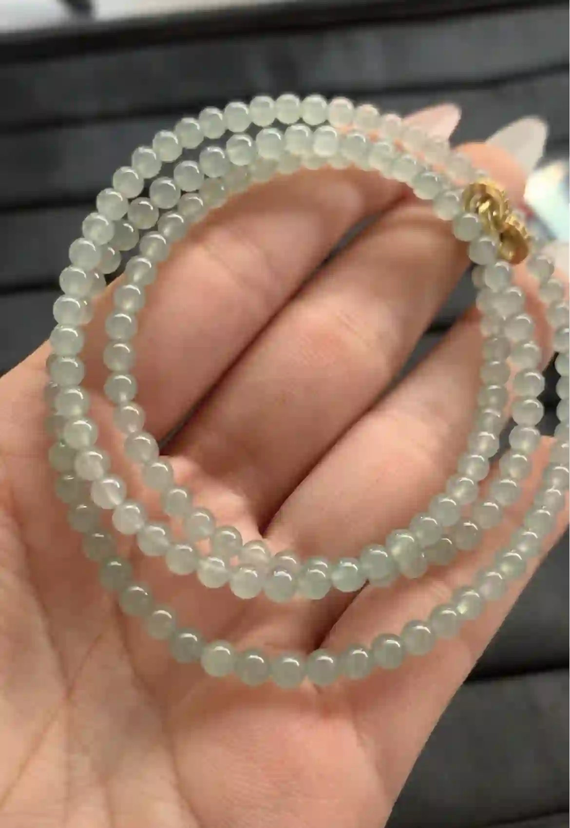 Multi-Strand Light Green Jade Bead Necklace with Gold-Toned Clasp | Myanmar Jadeite reference #1380008
