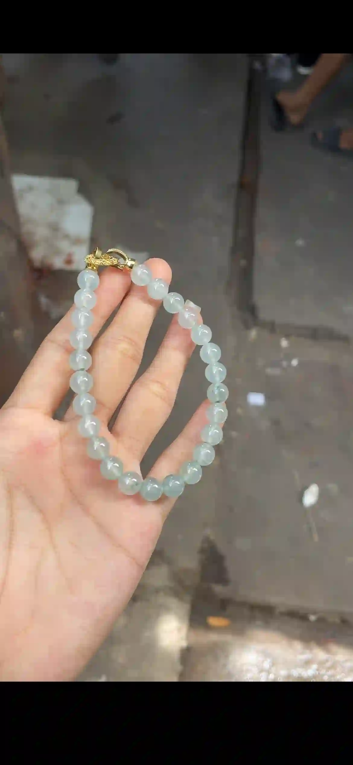 Icy Translucent Pale Green Jadeite Bead Bracelet with Gold Clasp | Myanmar Jadeite reference #18240001