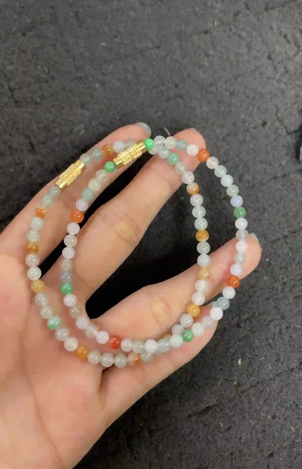 Multicolor Icy Jadeite Beaded Bracelet with Gold Plated Spacers, view 2 | Myanmar Jadeite reference #3240002
