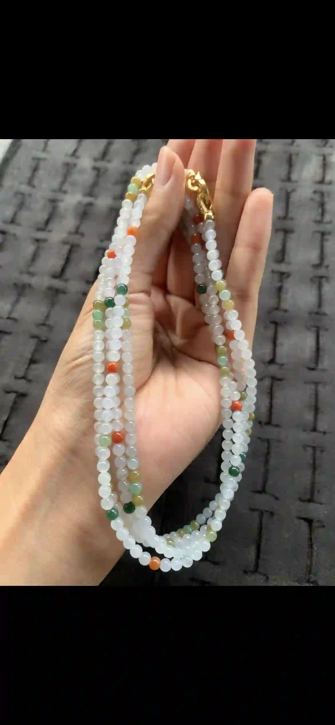 Multi-Color Jadeite Bead Long Necklace — Icy White, Green, Yellow & Orange-Red with Gold Clasps | Myanmar Jadeite reference #20670001