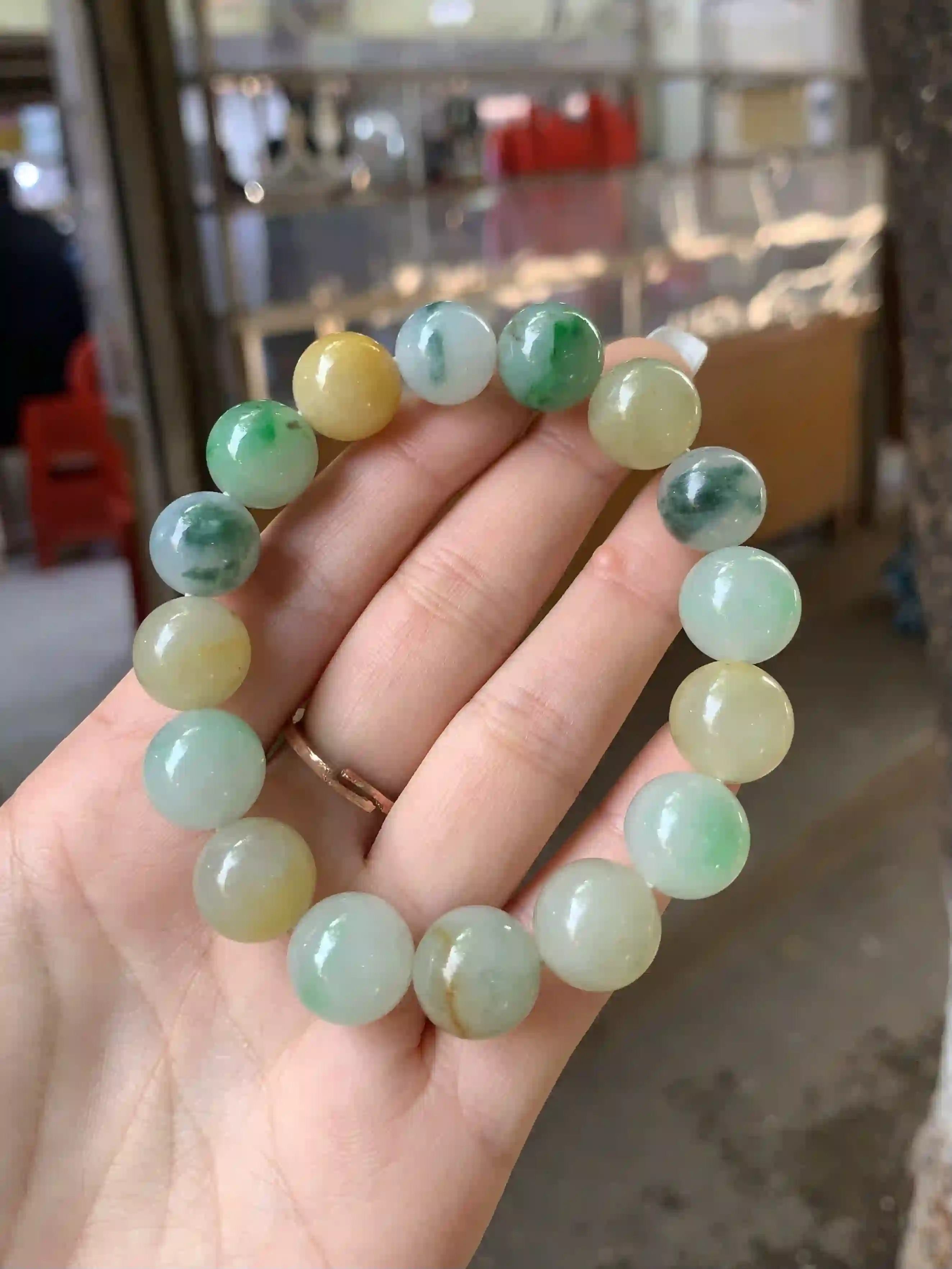 Multi-Color Jade Beaded Bracelet with Natural Variations, view 2 | Myanmar Jadeite reference #510010