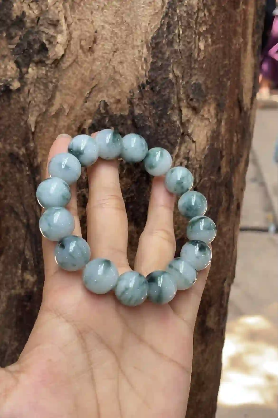   Icy Translucent Blue-Green Floating Flower Jadeite Beaded Bracelet, view 2 | Myanmar Jadeite reference #3420001