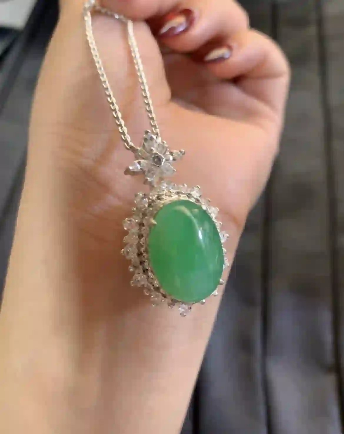 Vibrant Green Jadeite Oval Pendant with Diamond Halo and Floral Bail, view 2 | Myanmar Jadeite reference #3540002