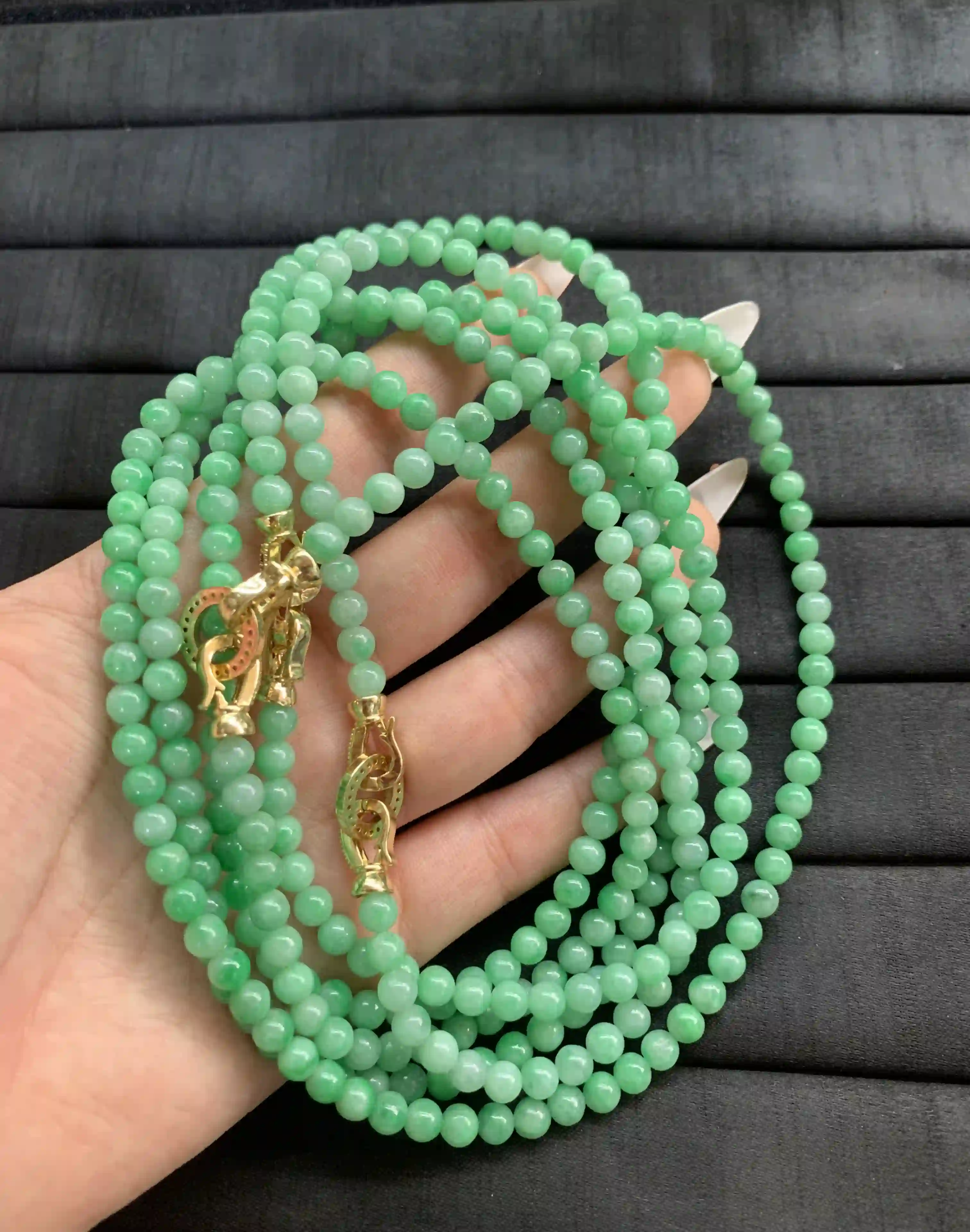 Vibrant Green Jade Bead Necklaces with Gold-Toned Clasps, view 2 | Myanmar Jadeite reference #1380010