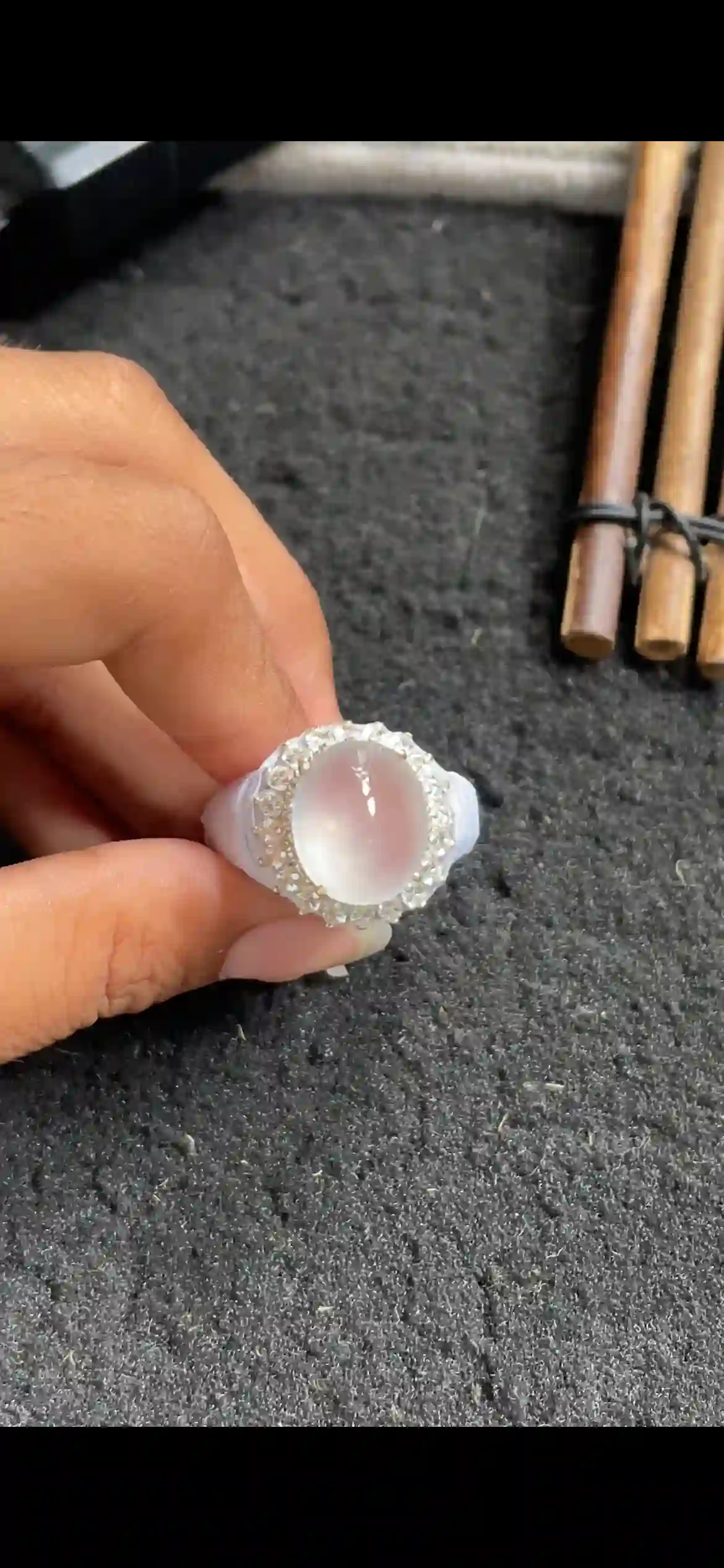 Icy Glassy White Jade Cabochon Ring, Diamond Halo Setting | Myanmar Jadeite reference #5160001