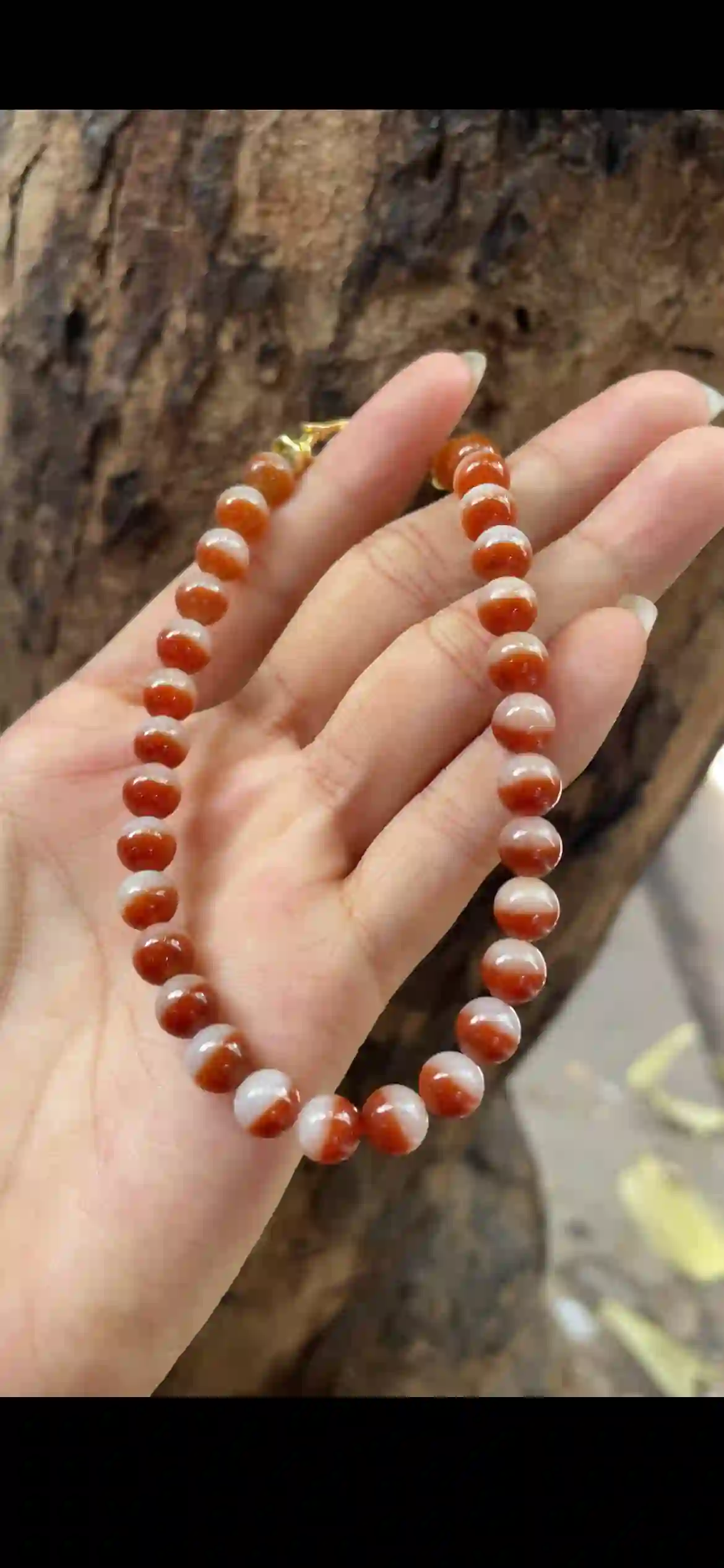 Half-Red Half-White Red Jadeite Bead Bracelet with Gold Clasp, view 2 | Myanmar Jadeite reference #10350001