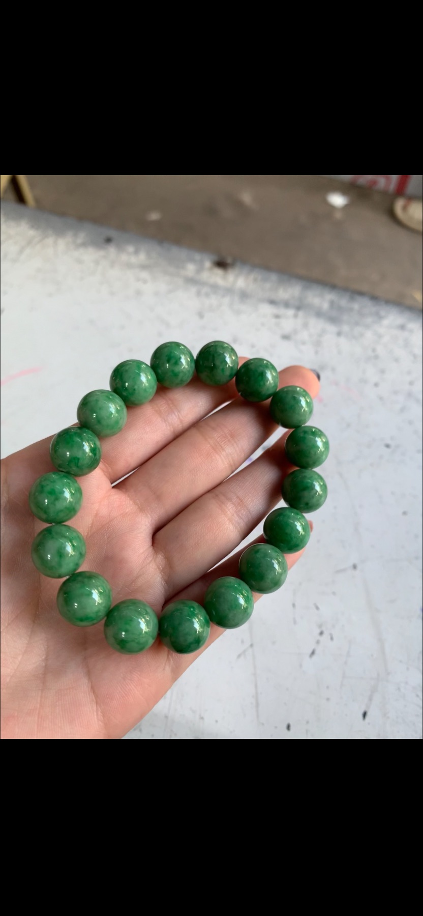 Natural Ice Variety Vibrant Apple Green Jadeite Round Bead Single Strand Bracelet - Burmese Jadeite from Myanmar