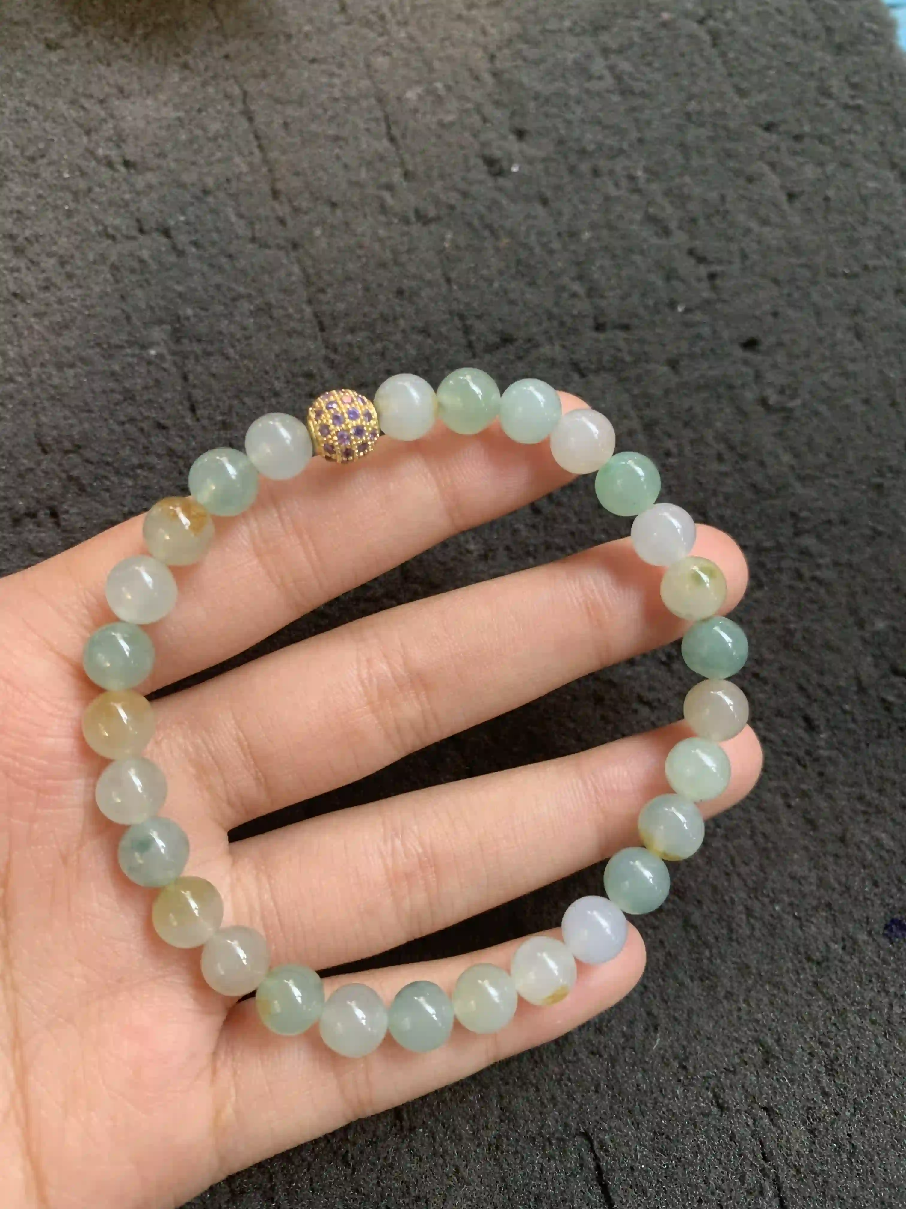 Natural Jade Beaded Bracelet with Decorative Accent Bead, view 2 | Myanmar Jadeite reference #510001