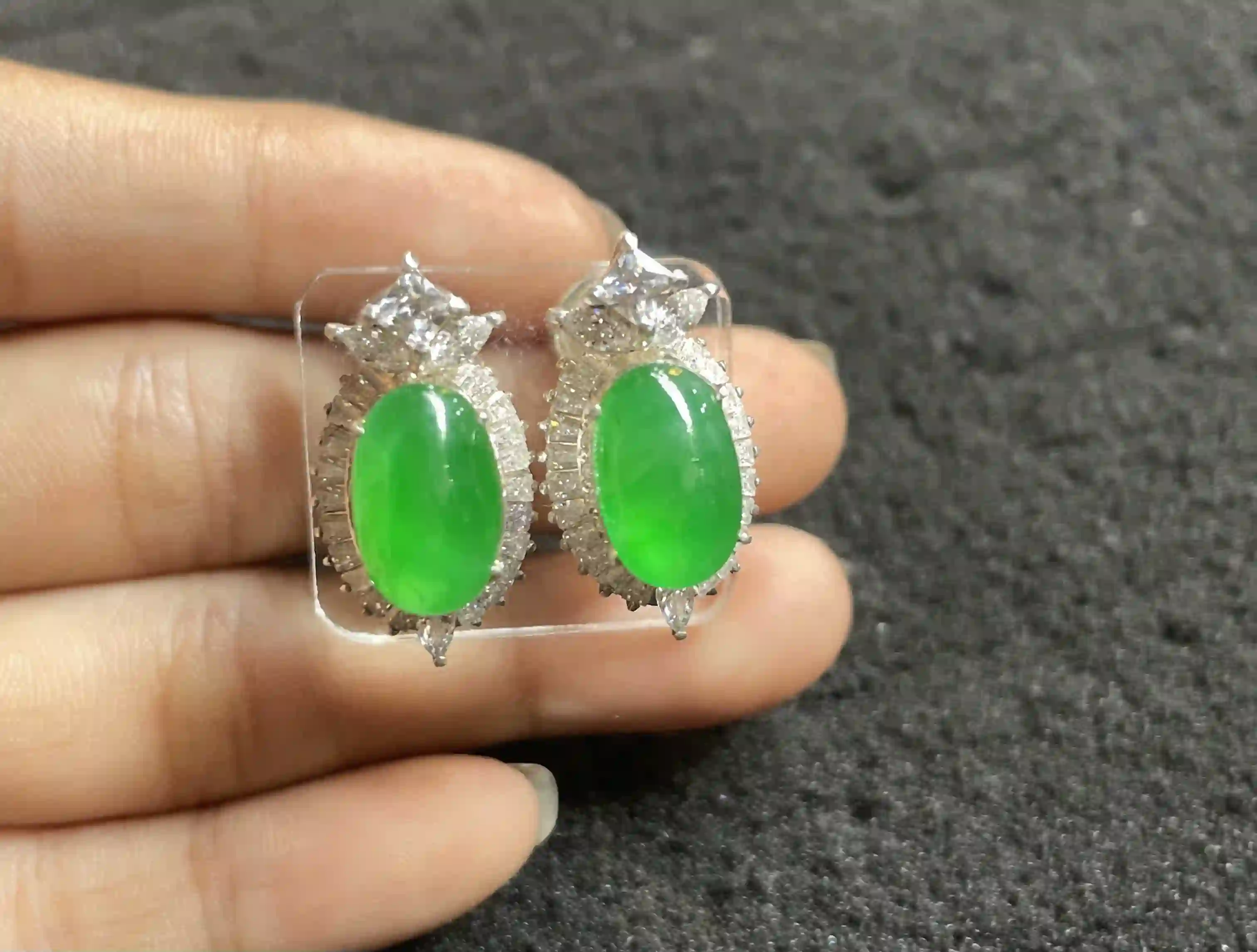  Luxurious Vivid Green Gemstone Earrings with Sparkling Accents | Myanmar Jadeite reference #1140004