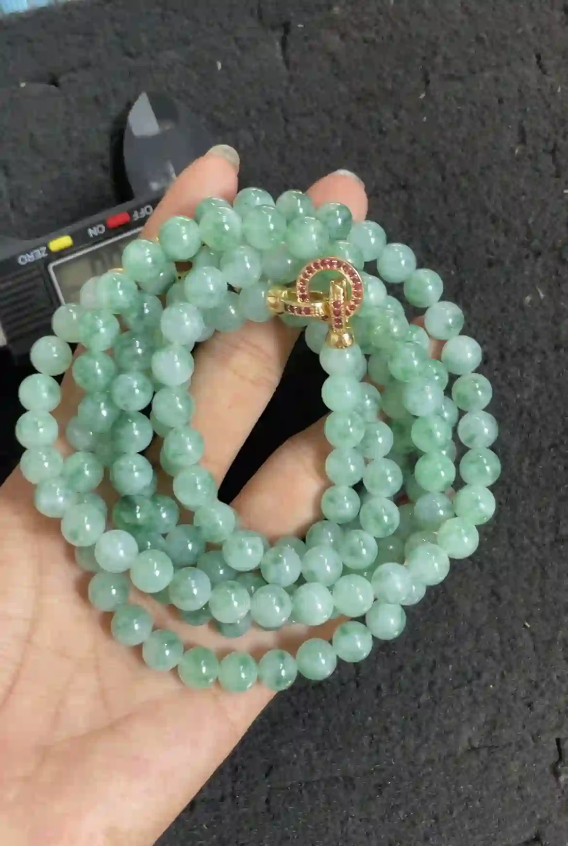 Icy Green Floating Flower Jadeite Long Beaded Necklace with Gold Plated Inlaid Clasp | Myanmar Jadeite reference #3750001