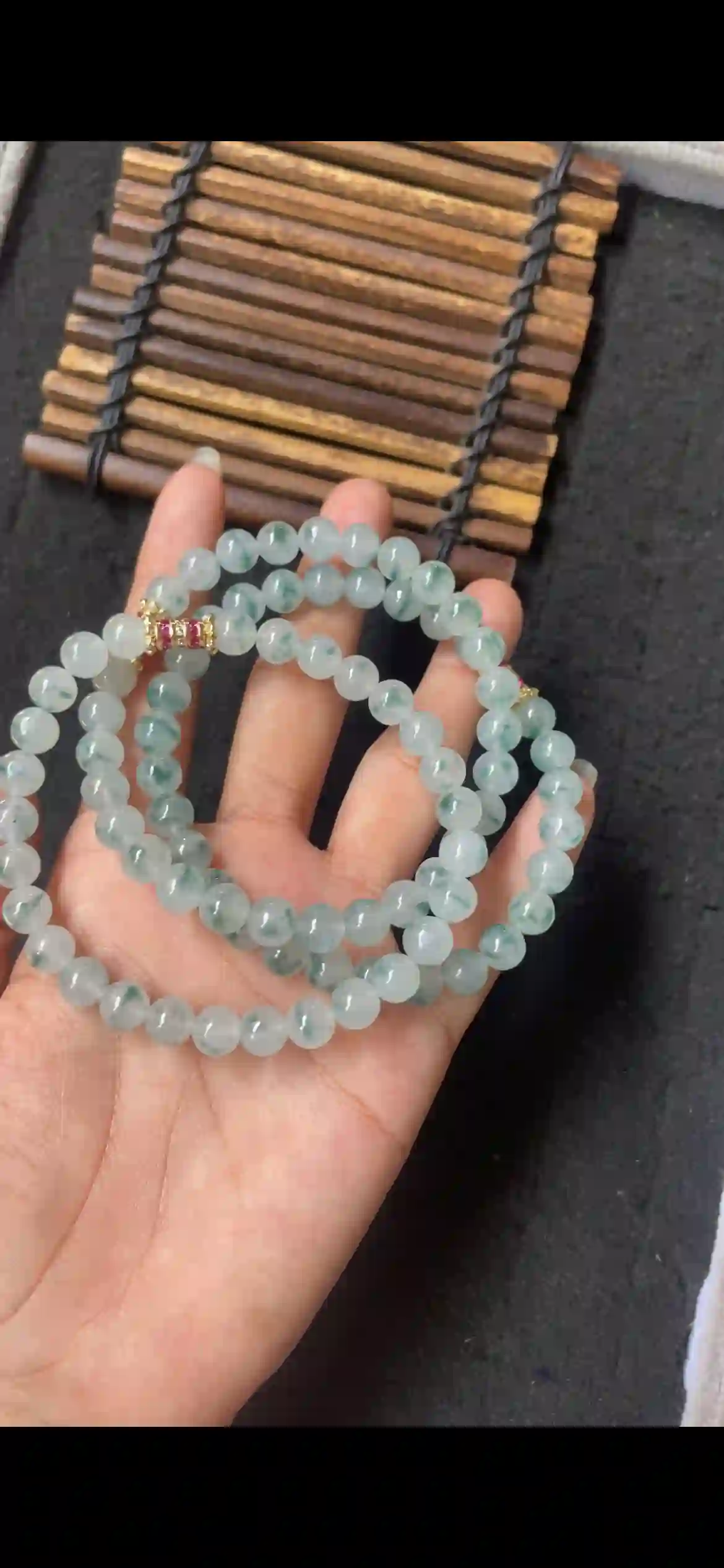  Natural Icy Floating Flower Jadeite Bead Necklace with Gold Accents, view 2 | Myanmar Jadeite reference #6720001