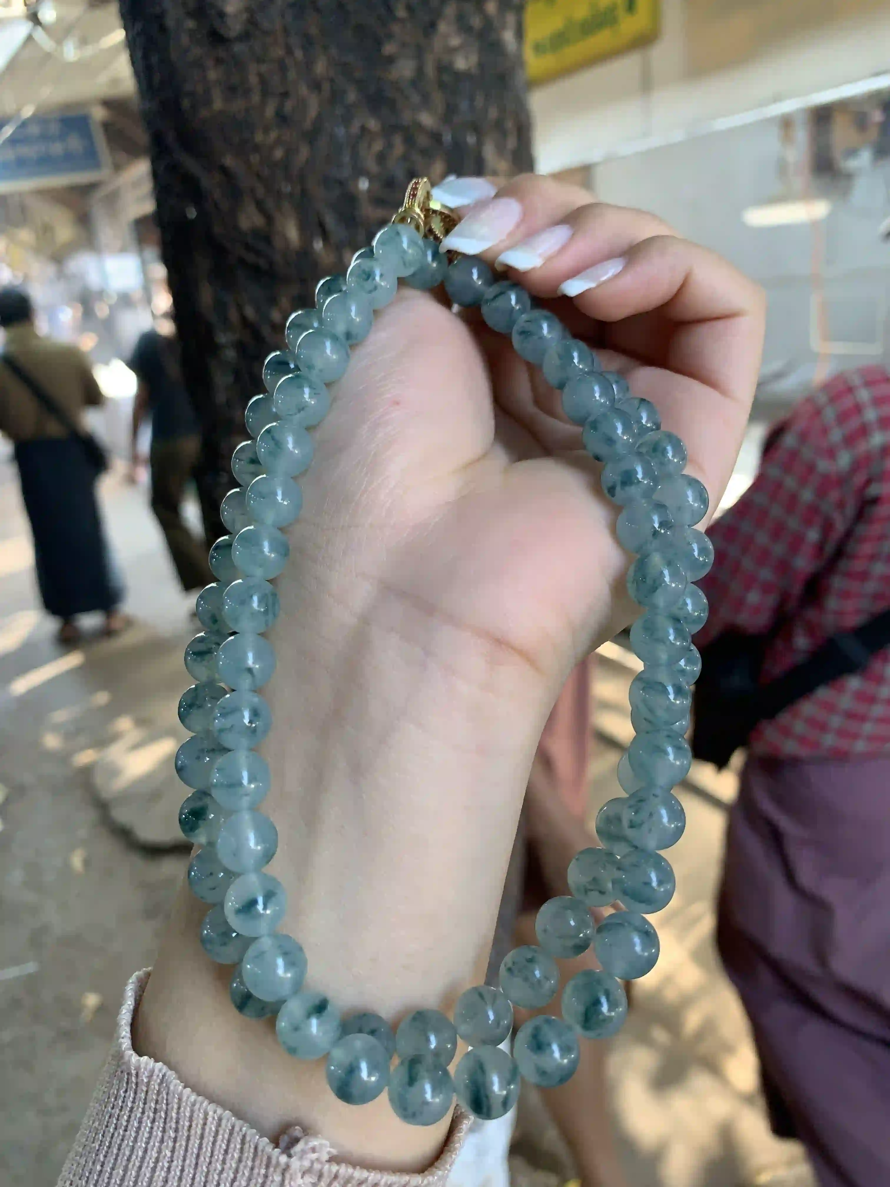 Translucent Blue-Green Beaded Necklace with Gold Clasp | Myanmar Jadeite reference #360005