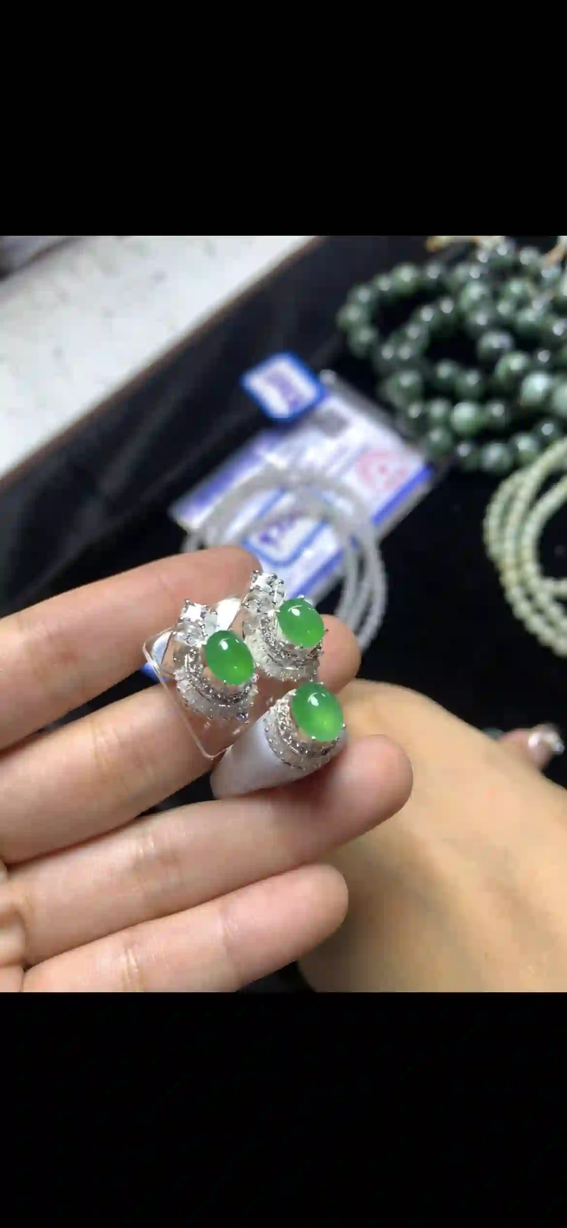 Vivid Green Jadeite Jewelry Set: Earrings & Ring, view 2 | Myanmar Jadeite reference #14940001