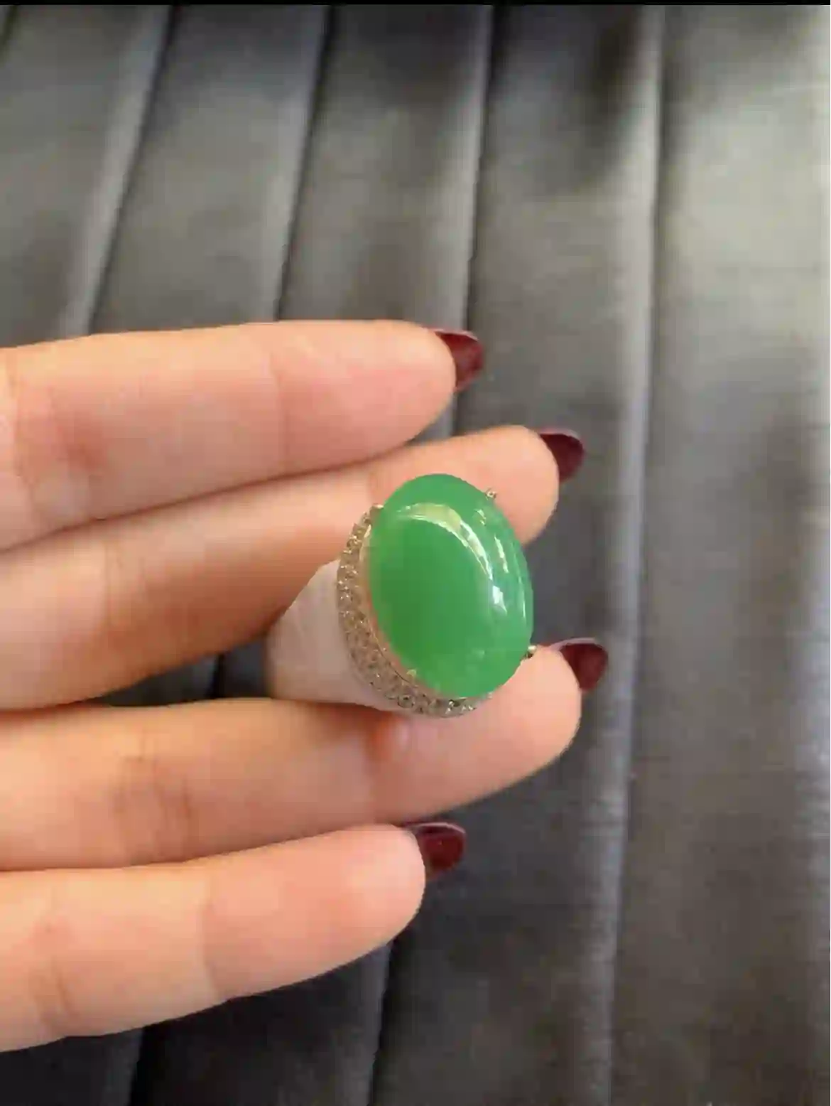   Vivid Rich Green Jade Oval Cabochon Ring with Pave Diamond Halo | Myanmar Jadeite reference #2910009