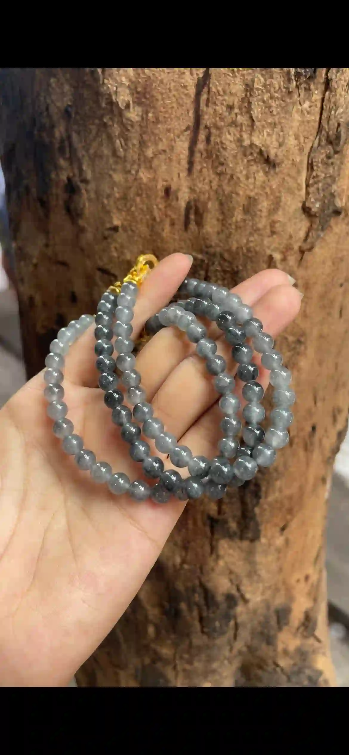 Icy Black‑Gray “Wuji / Ink” Jadeite Multi‑Loop Strand with Gold‑Tone Clasp | Myanmar Jadeite reference #9540006