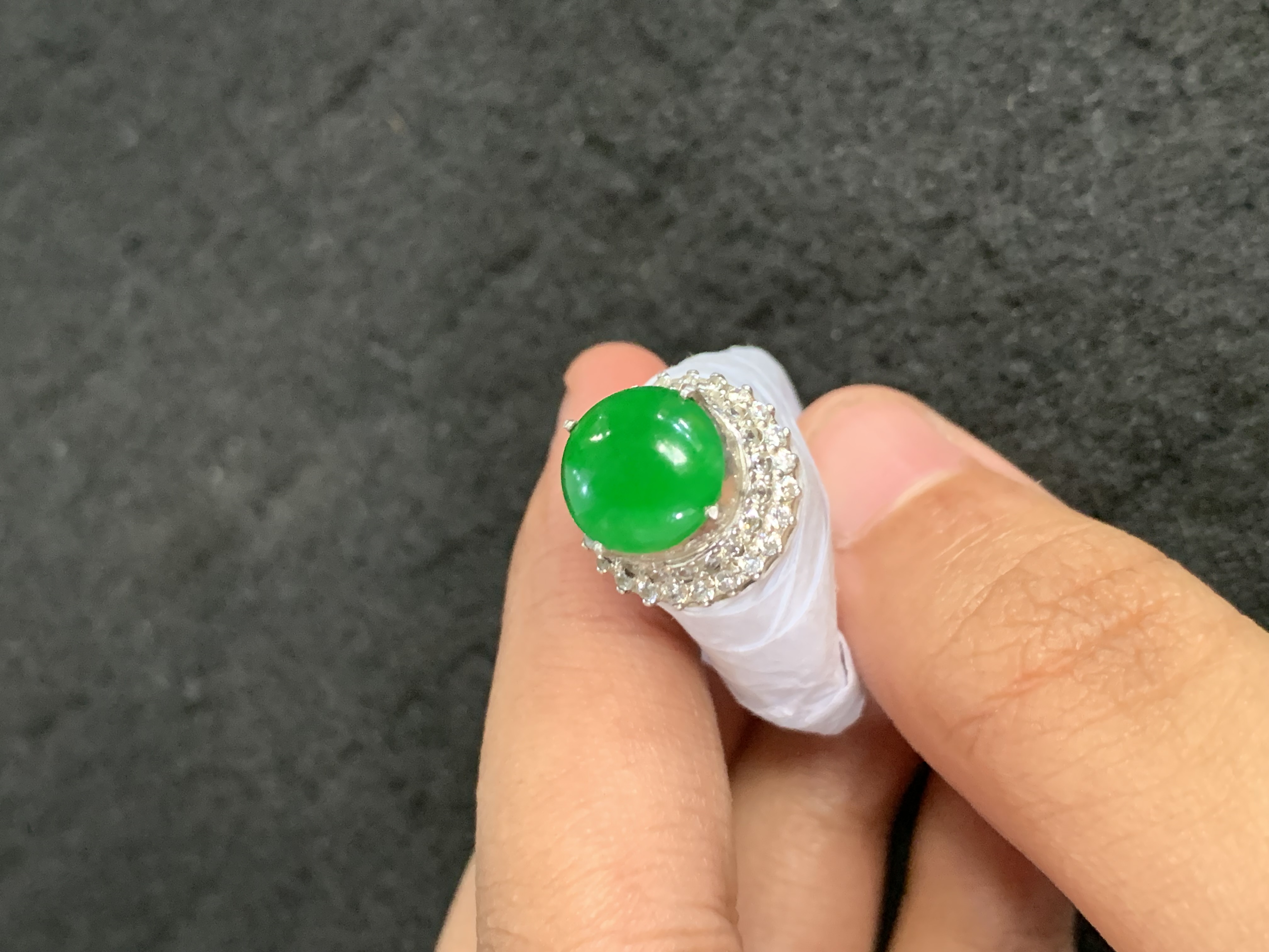 Natural Imperial Green Jade Ring with Diamond Halo