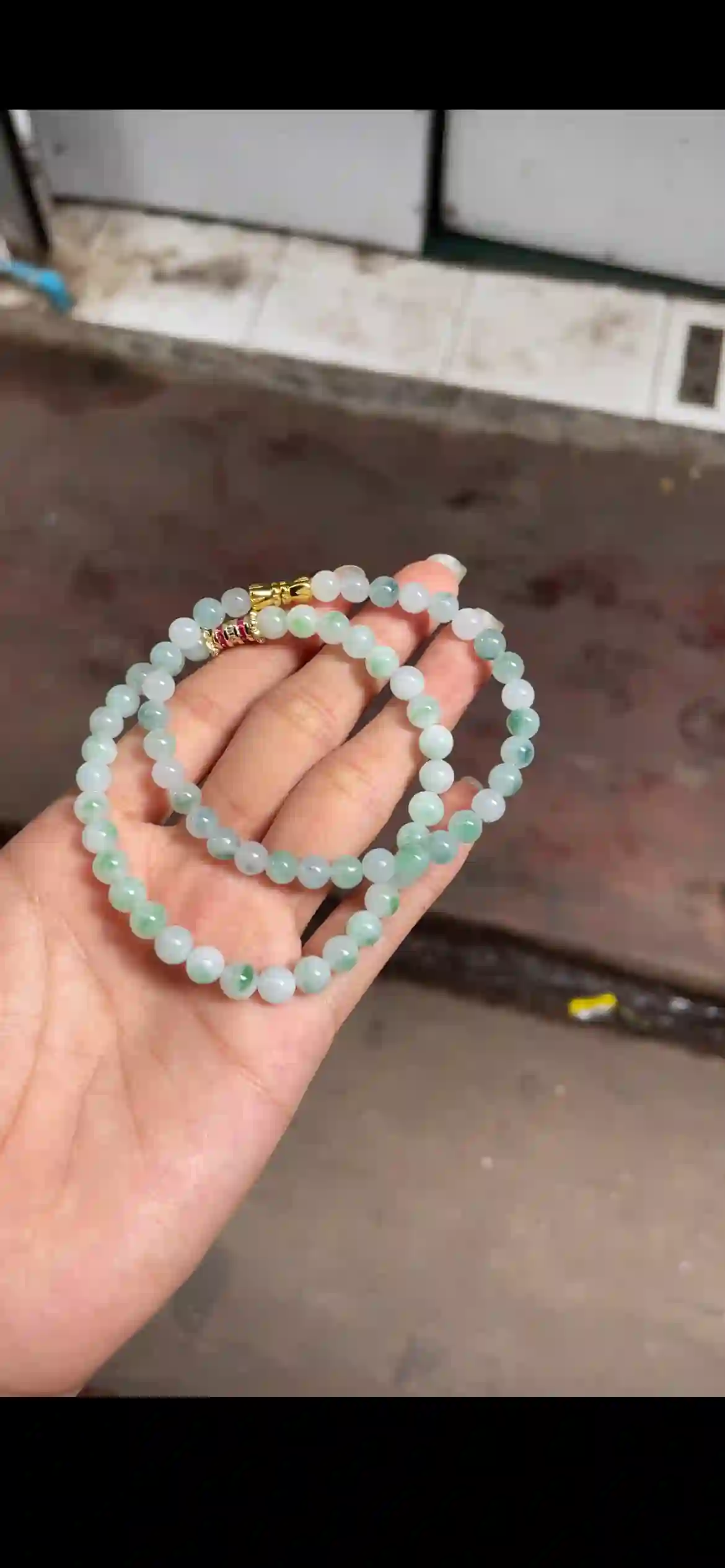  Double-Strand Icy Floating Green Jade Bead Bracelet with Gemstone Accent Clasps, view 2 | Myanmar Jadeite reference #17820001