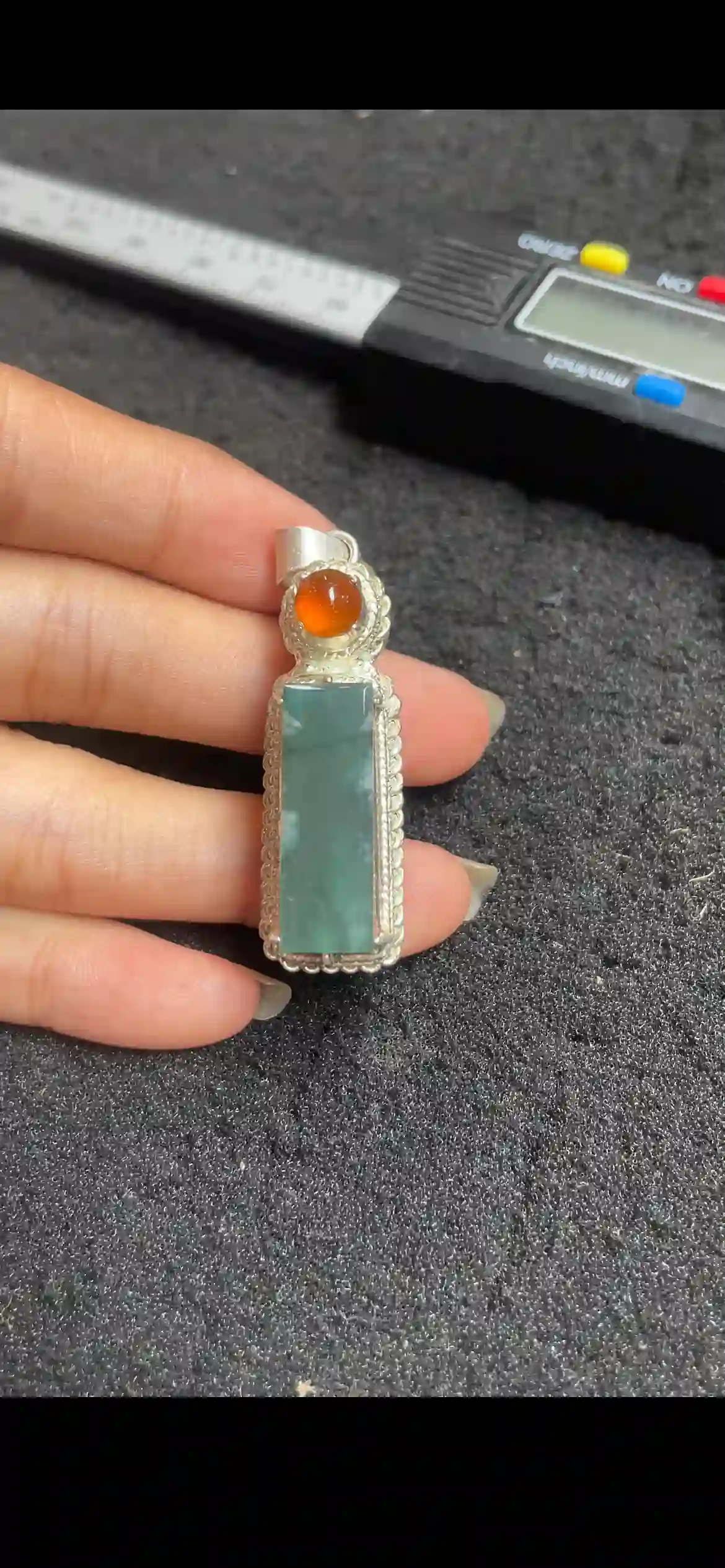 Deep Blue-Green Jadeite Rectangle Pendant with Orange Accent in Silver Setting | Myanmar Jadeite reference #4140001