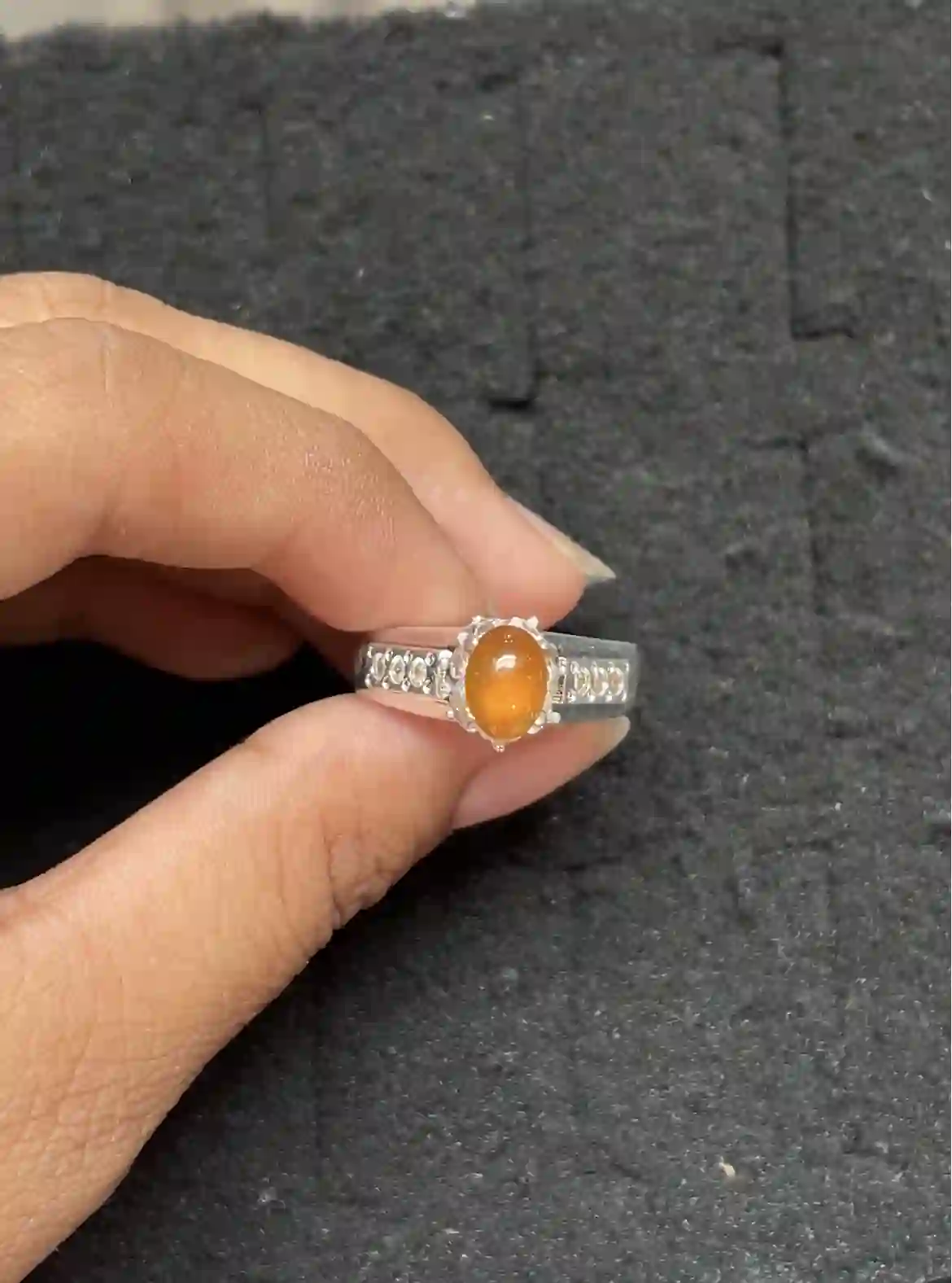Vivid Orange Jadeite Solitaire Ring with Diamond Accent Setting, view 2 | Myanmar Jadeite reference #3930003
