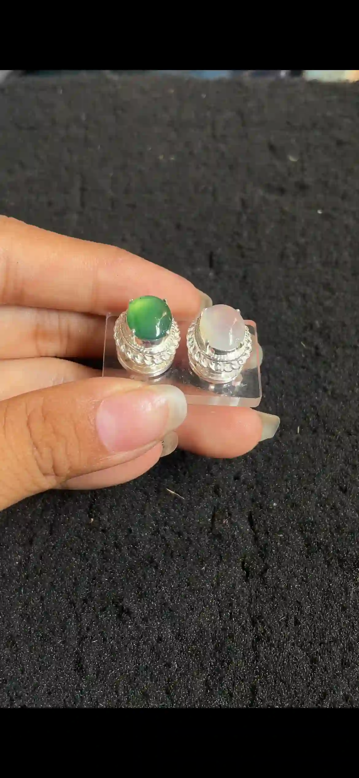   Pair of Jade Cabochon Settings – Vivid Green & Icy White, Sterling Silver Mounts, view 2 | Myanmar Jadeite reference #4830001
