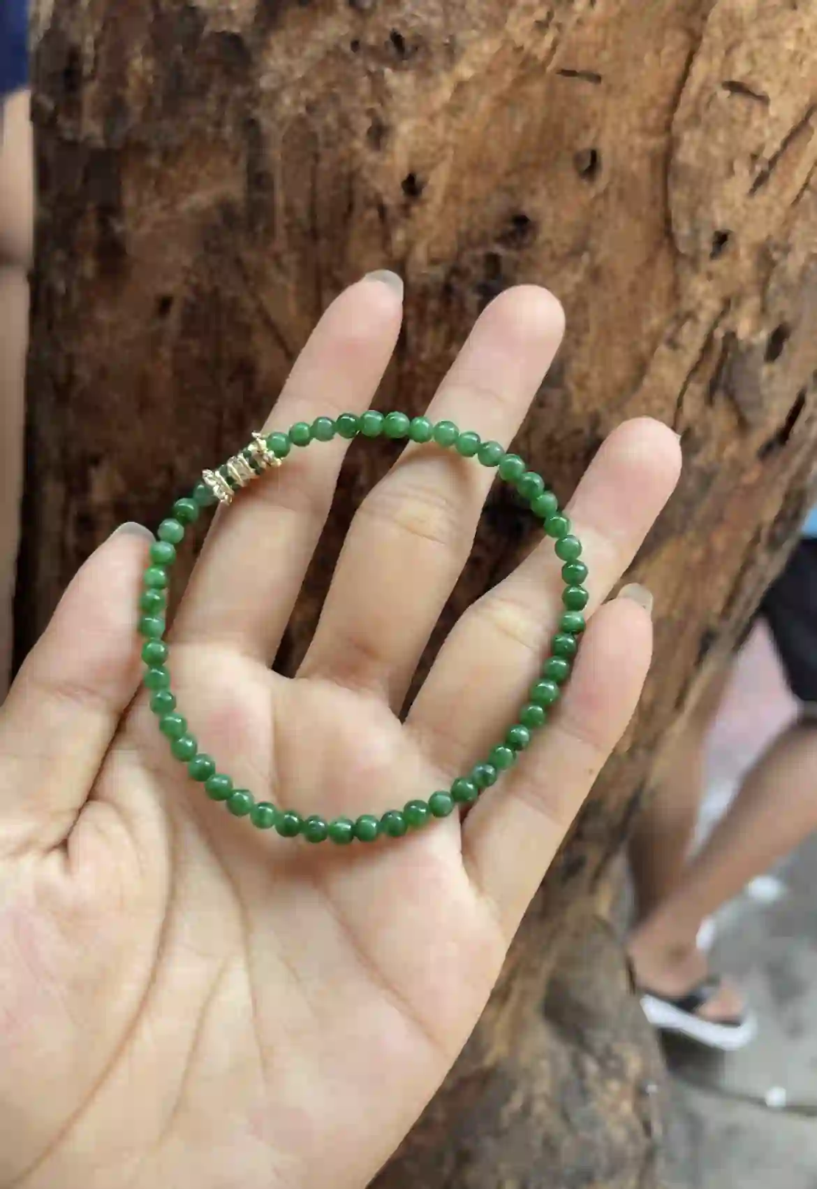 Rich Deep Green Jadeite Beaded Bracelet with Gold Plated Accent Spacer, view 2 | Myanmar Jadeite reference #3390002