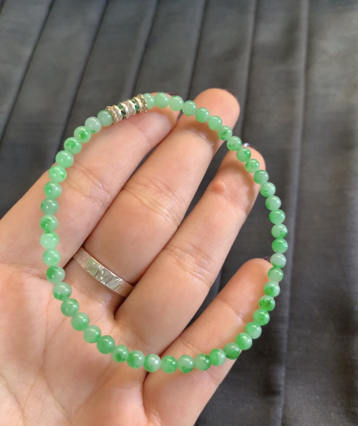   Delicate Bright Green Floating Flower Jadeite Bead Bracelet - Burmese Jadeite from Myanmar