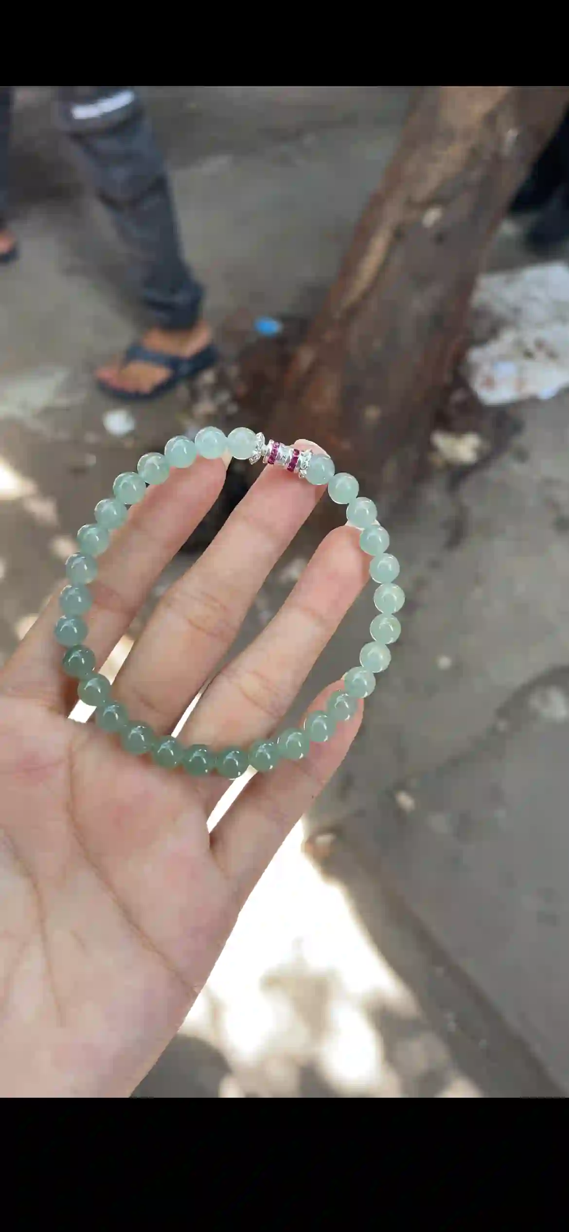 Icy Pale Green Jade Bead Bracelet with Crystal & Ruby Accent Clasp | Myanmar Jadeite reference #18960001