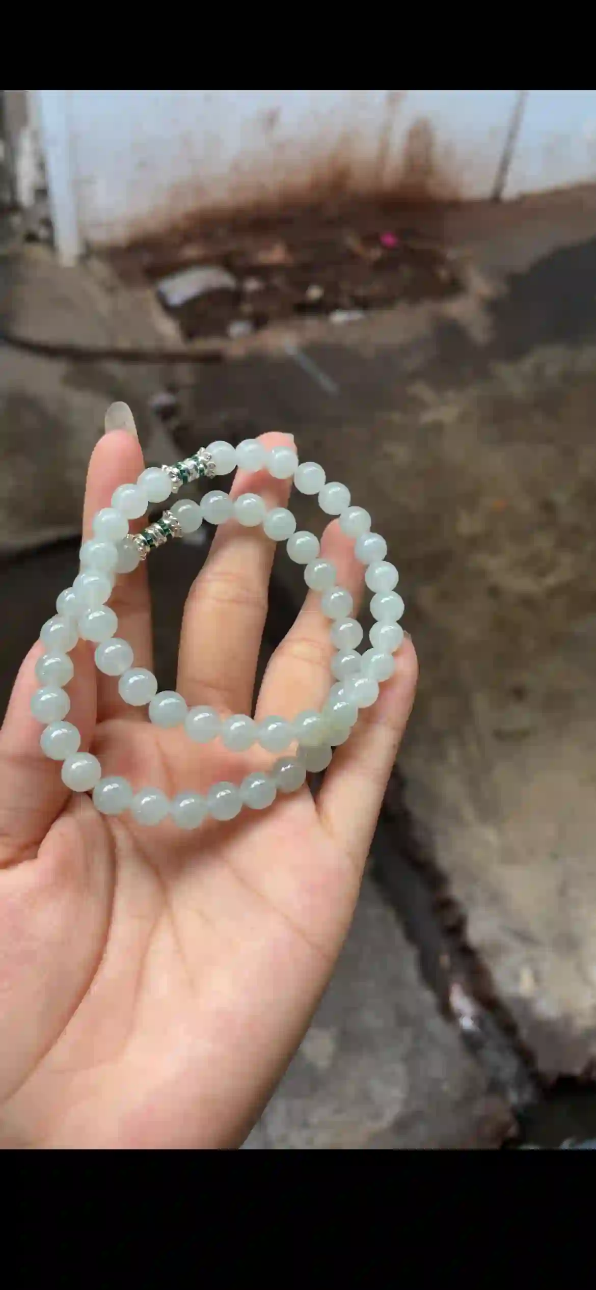 Pale Icy Green Jade Double‑Loop Bracelet with Silver‑Tone Accents, view 2 | Myanmar Jadeite reference #26130001