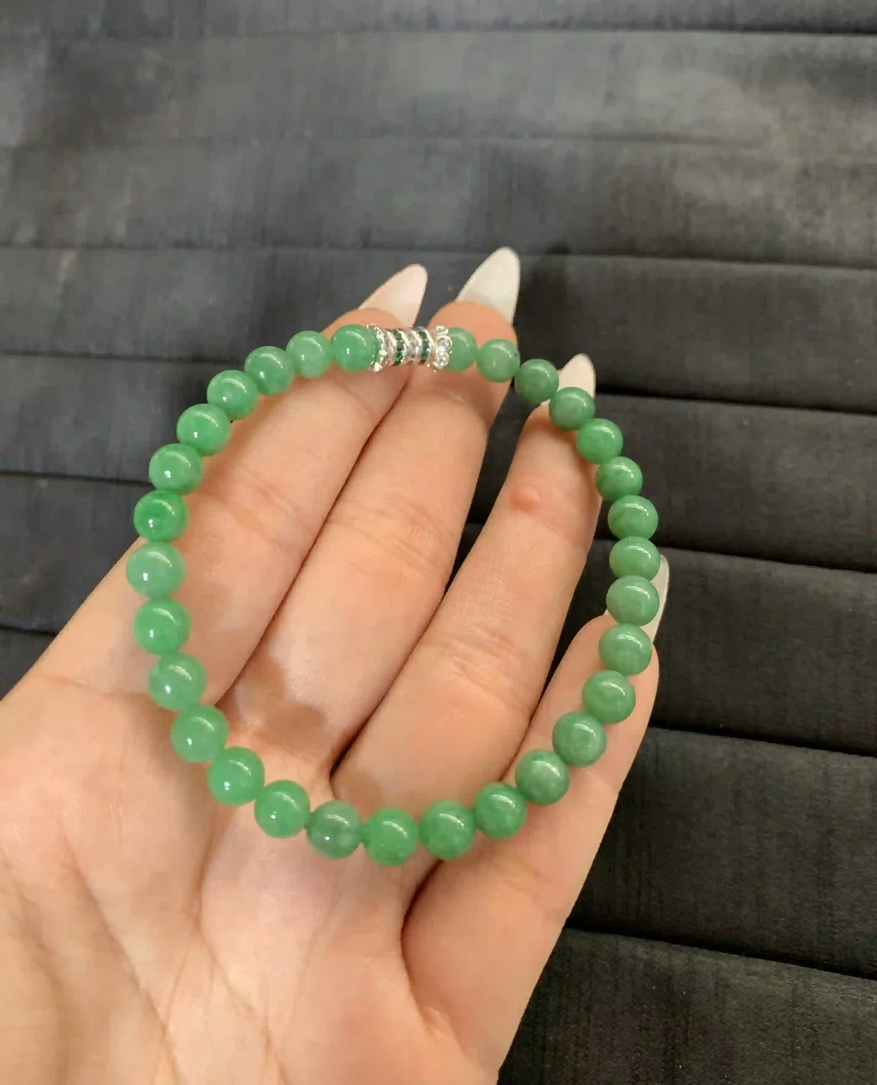 Green Jade Beaded Bracelet with Crystal Accent | Myanmar Jadeite reference #1560004