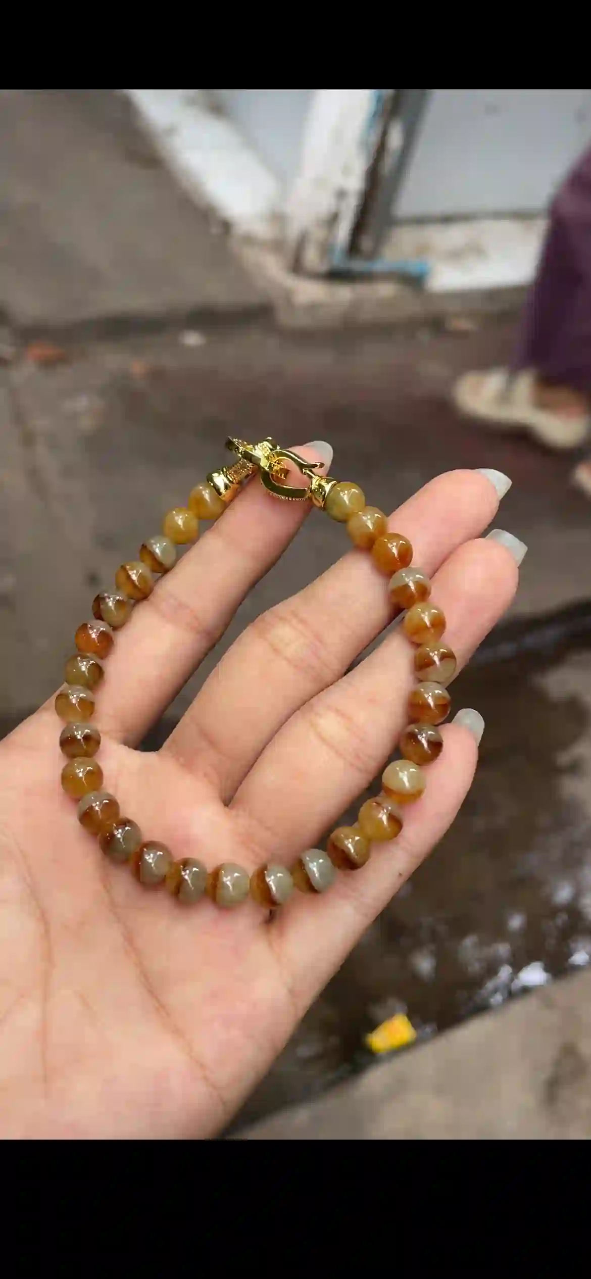 Natural Half-Red Half-White Yellow Jadeite Beaded Bracelet, view 2 | Myanmar Jadeite reference #12210001
