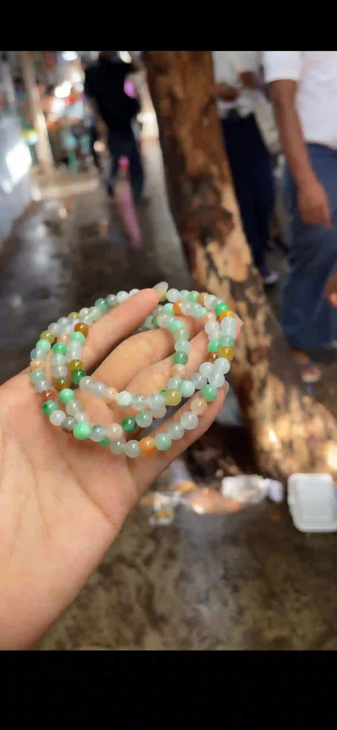 Multicolor Rainbow Jade Bead Bracelet — Three Strands, view 2 | Myanmar Jadeite reference #27990001