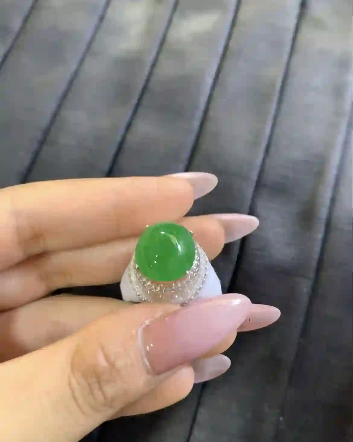 Vibrant Imperial Green Jadeite Cabochon Ring with Diamond Halo Setting | Myanmar Jadeite reference #7110001