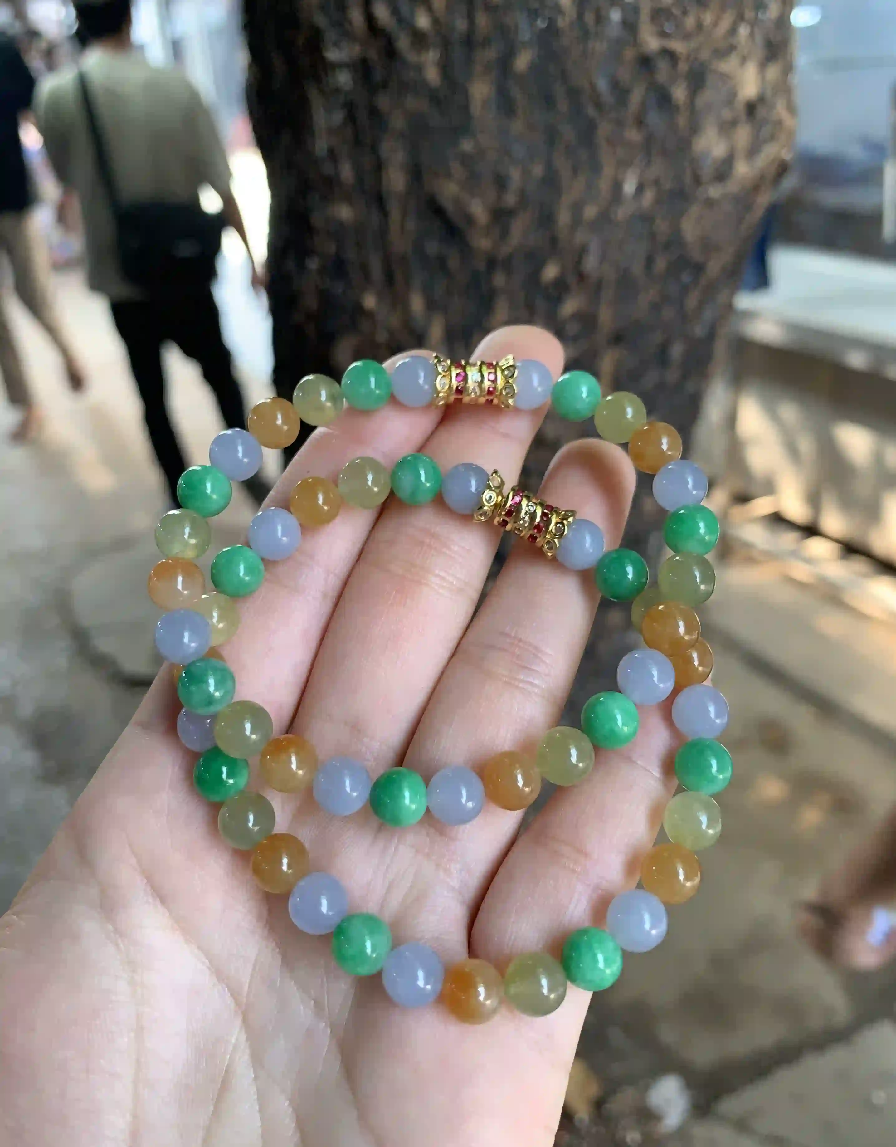 Multi-Color Jadeite Bead Bracelets with Decorative Gold Clasps, view 2 | Myanmar Jadeite reference #240001