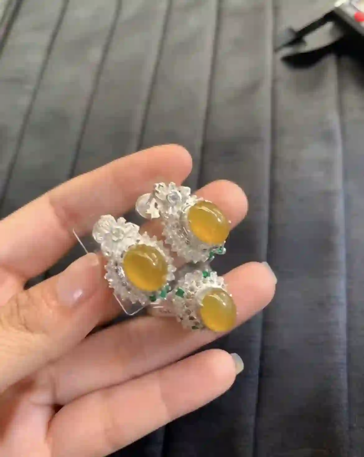 Natural Honey Yellow Jade Earrings, view 2 | Myanmar Jadeite reference #2370001