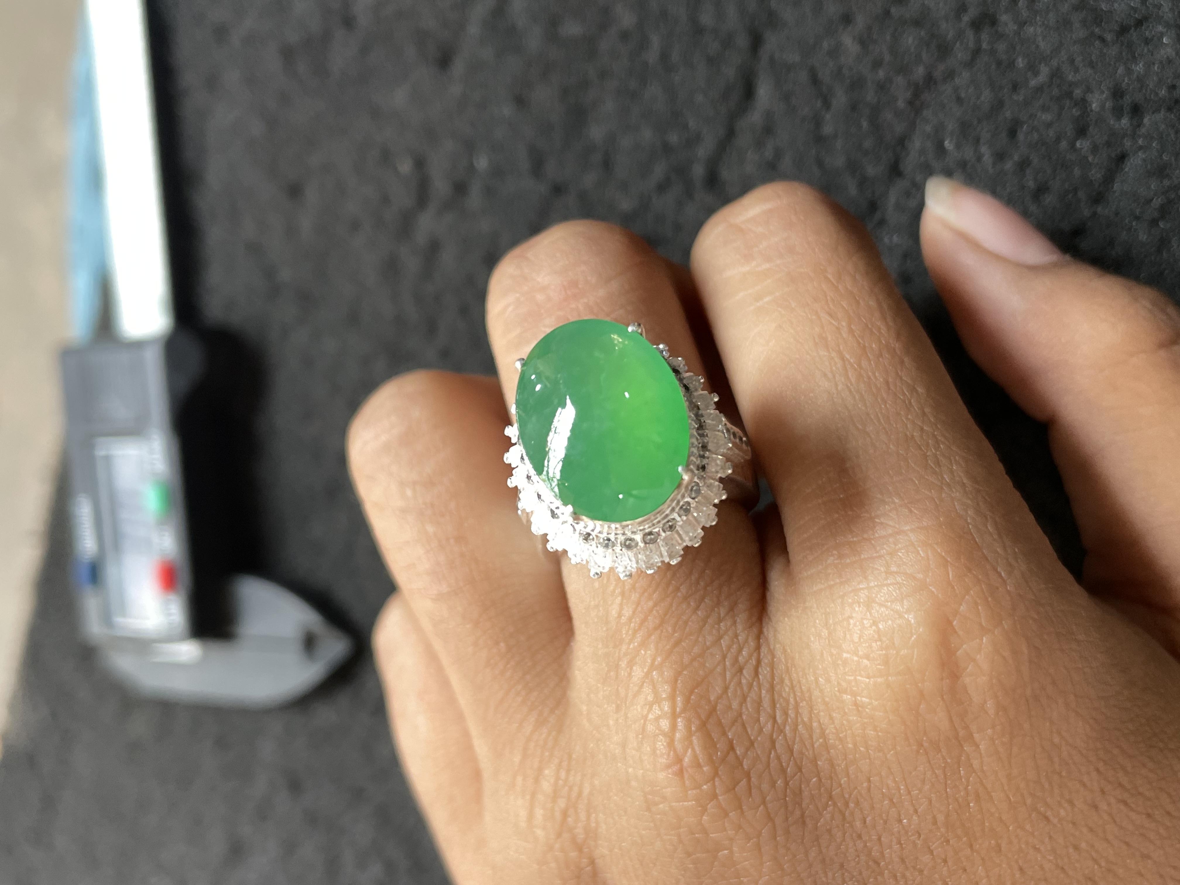 Large Oval Green Jadeite Cocktail Ring with Sparkling Halo