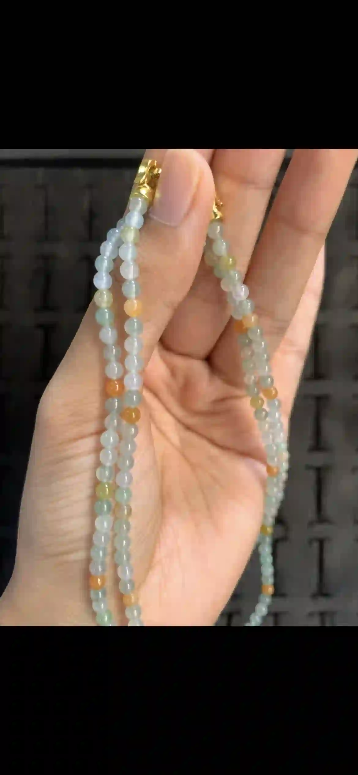 Multicolor Tri-Color Jade Bead Necklace with Gold Clasps, view 2 | Myanmar Jadeite reference #19740001